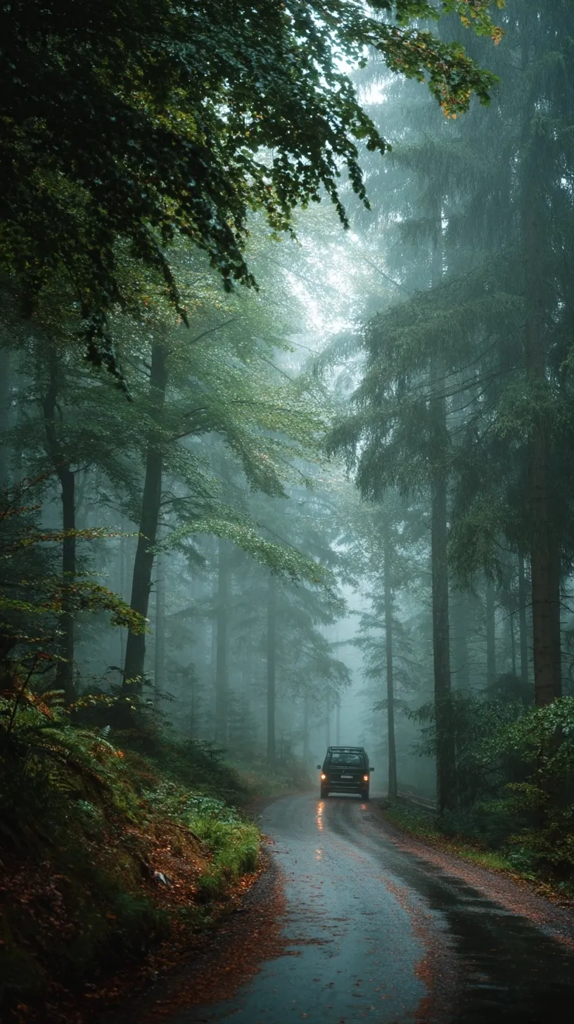 A scenic, misty forest road with lush trees and soft lighting, captured from a car perspective.