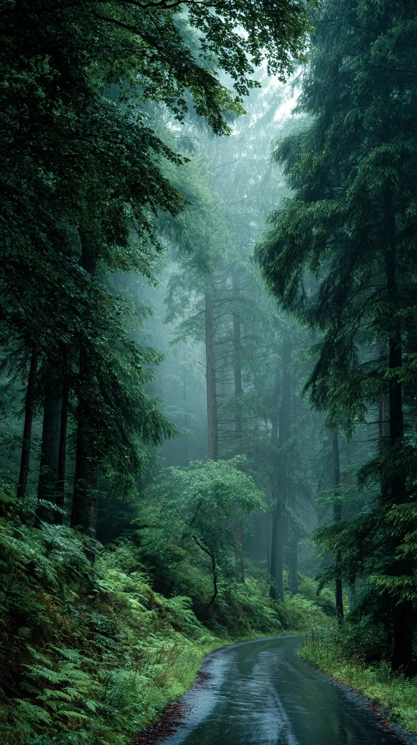 A misty, wet forest road surrounded by lush green trees with soft natural light and layered foliage.