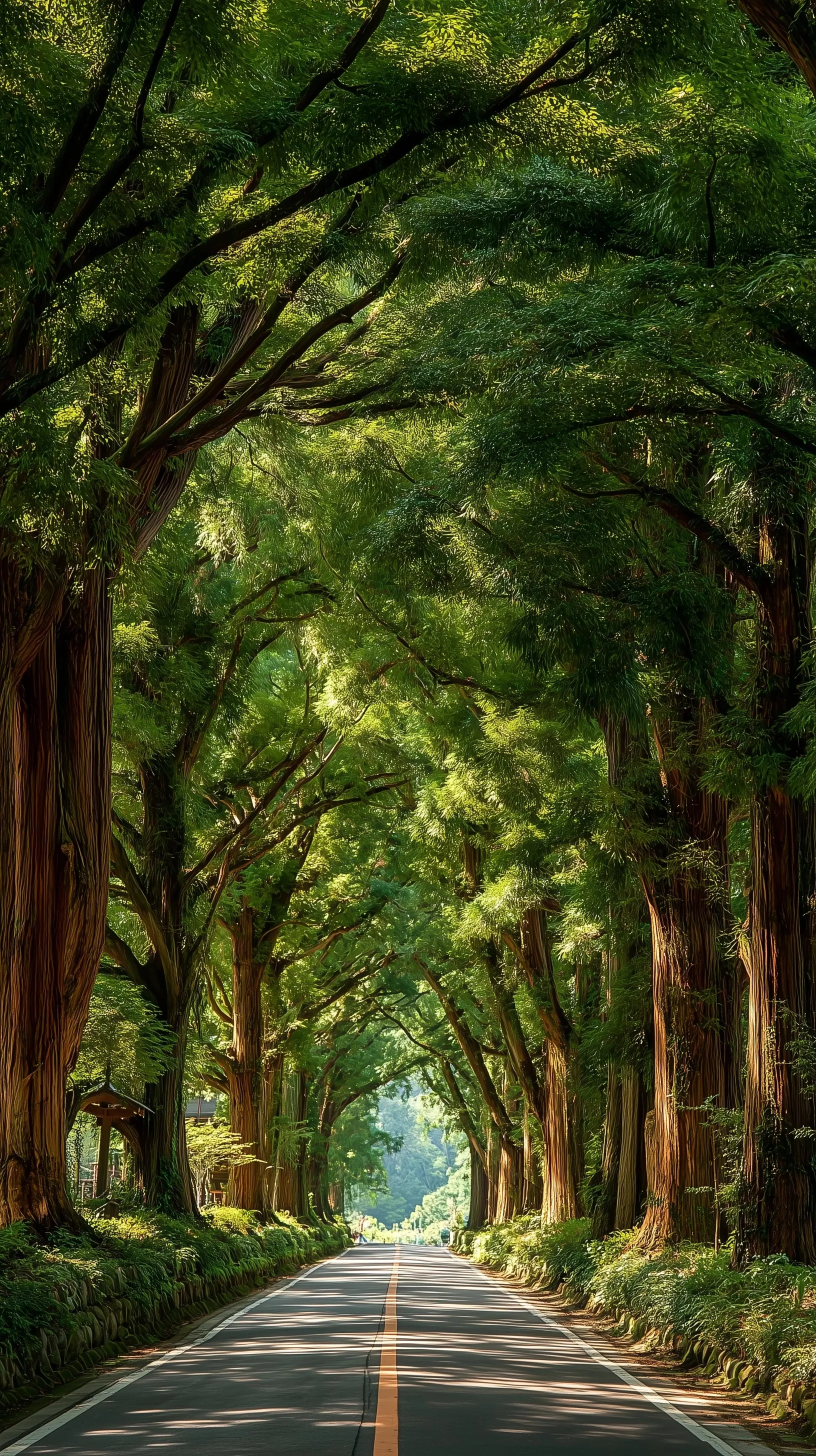 A long, straight forest road lined with tall metasequoia trees bathed in soft morning light.