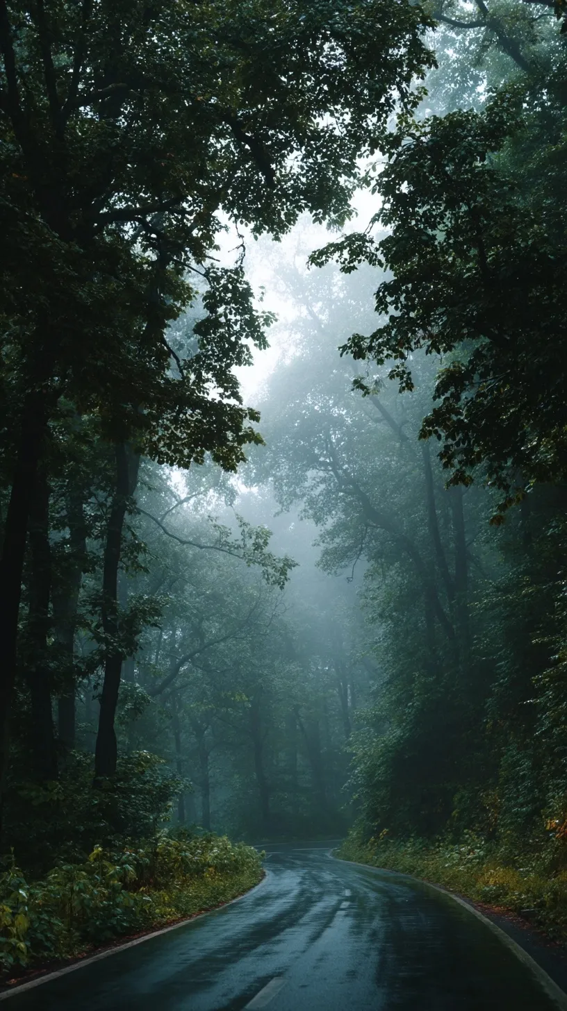 A scenic forest road surrounded by lush green trees and misty atmosphere, captured from a car perspective.