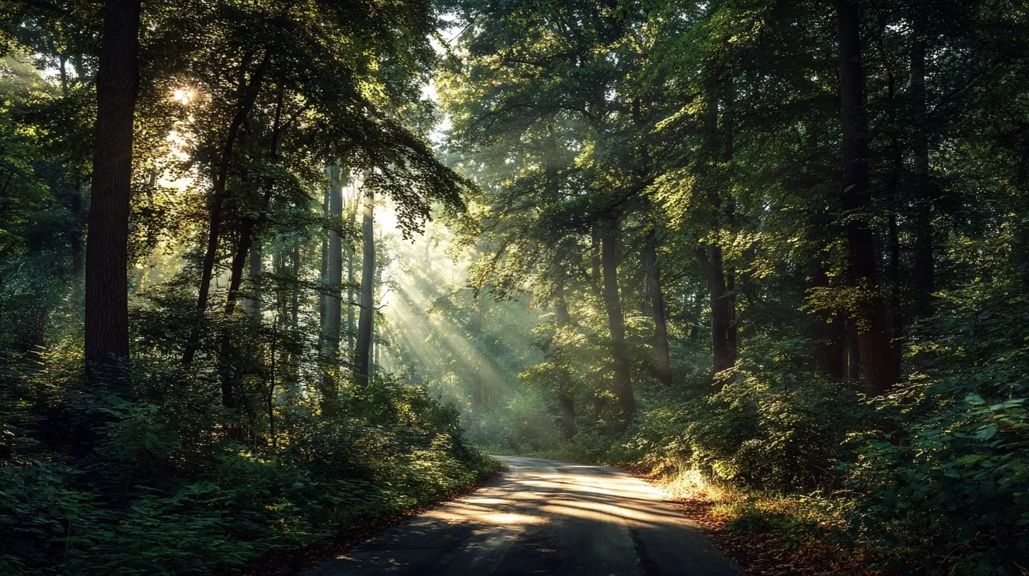 Morning sunlight filtering through trees onto a tranquil forest road with visible Tyndall effect.