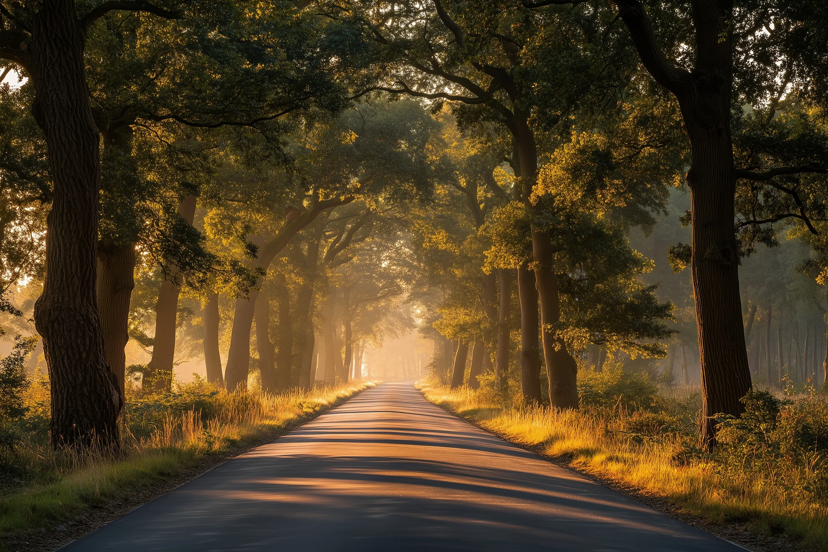 A peaceful forest road framed by tall trees with cinematic golden morning sunlight streaming through the branches.