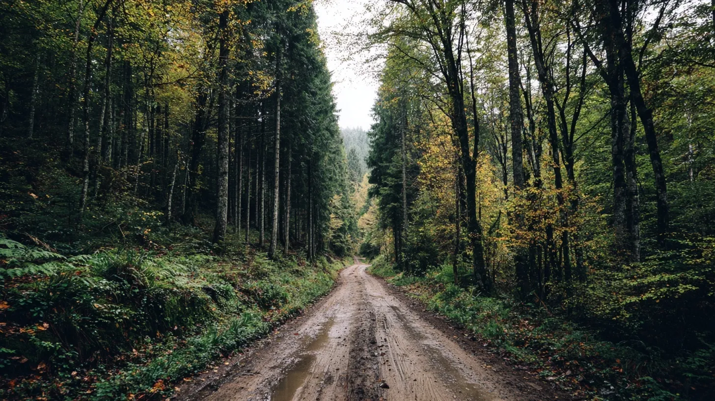 A peaceful forest road winding through tall, lush green trees in a serene woodland landscape.