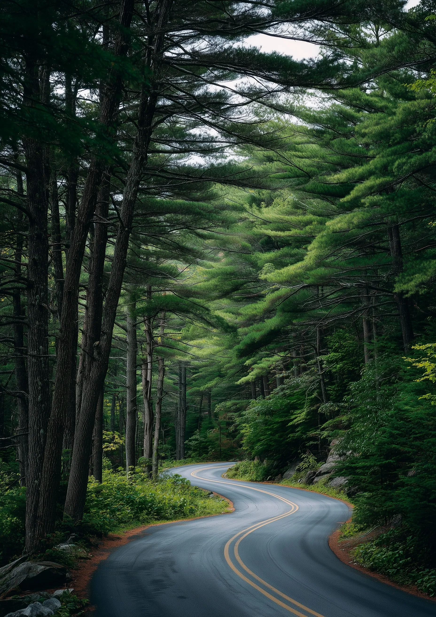A scenic winding forest road in New England lined with tall pine trees and lush green foliage.
