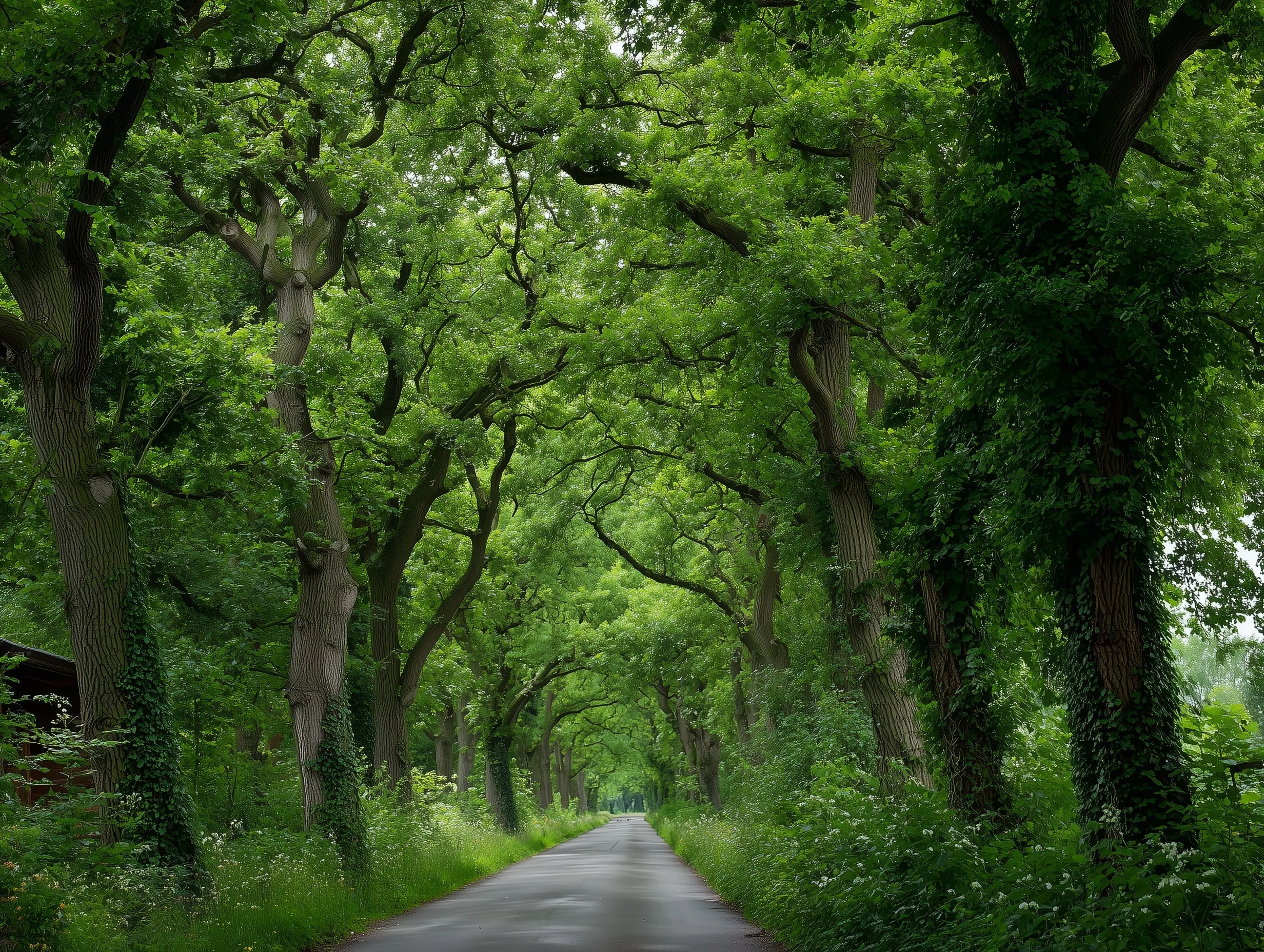 A scenic forest road lined with lush green trees forming a natural canopy tunnel.