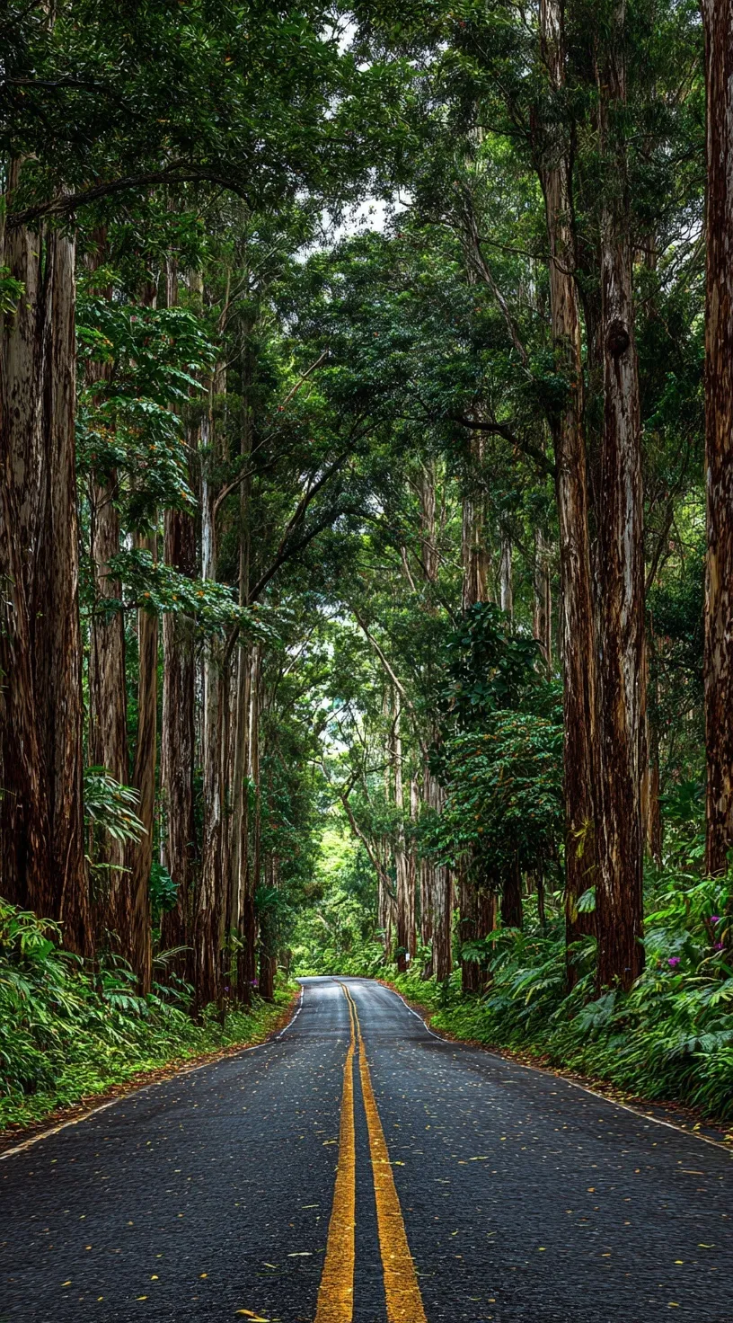 A scenic asphalt road winding through a lush green forest with towering trees in Kauai, Hawaii.