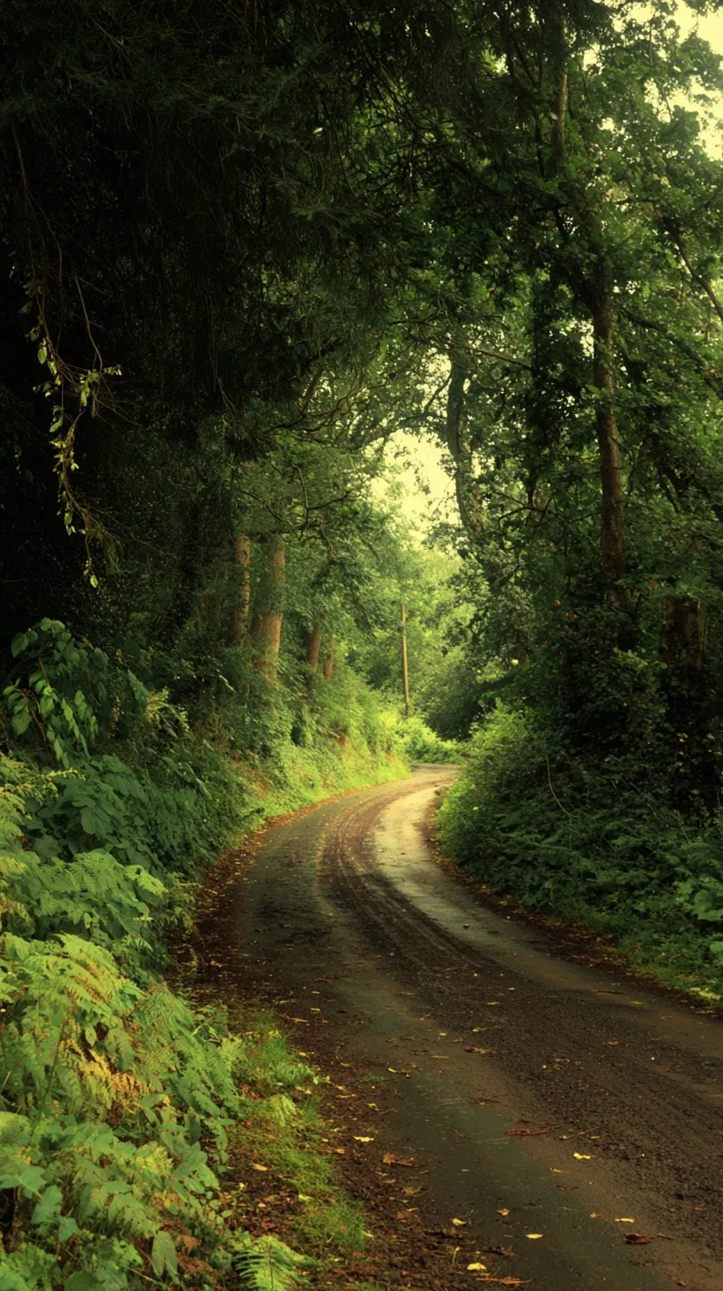 A peaceful forest road winding through dense green undergrowth and towering trees in a serene woodland setting.
