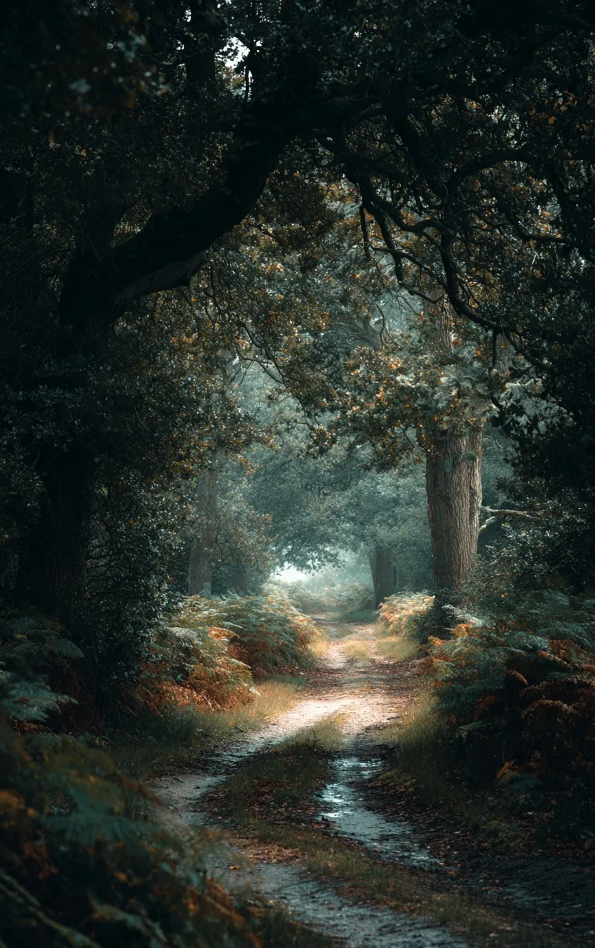 A narrow, moody forest road in the New Forest, Hampshire, captured in a dark, crime thriller cinematic style.