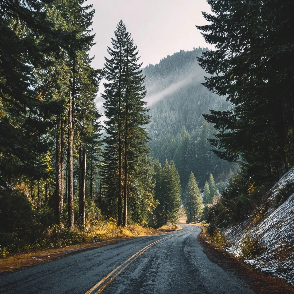 A winding road stretching up a scenic hillside lined with tall, lush forest trees.