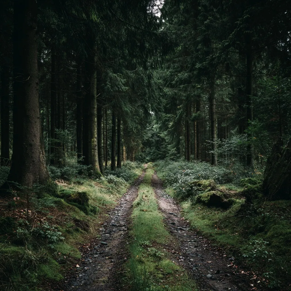 A winding dirt forest road flanked by tall, dark green trees in a scenic woodland setting.