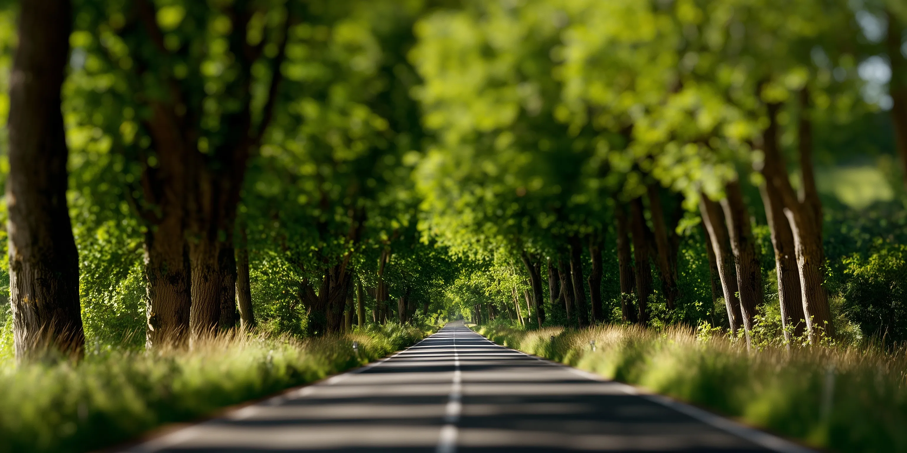 A hyperrealistic view from a car driving down a scenic European forest road lined with lush trees.