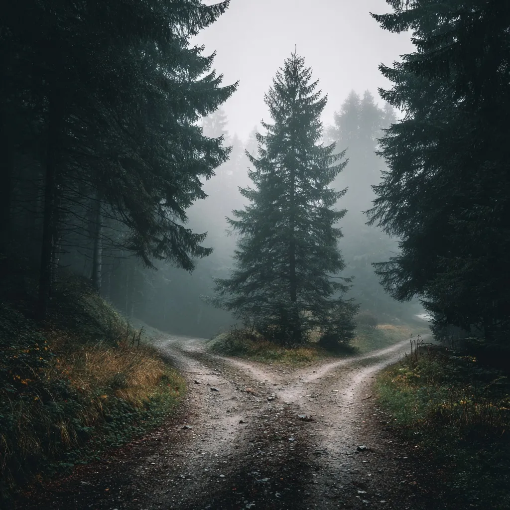 A cinematic crossroads in a deep, foggy forest with two paths diverging through dense trees.