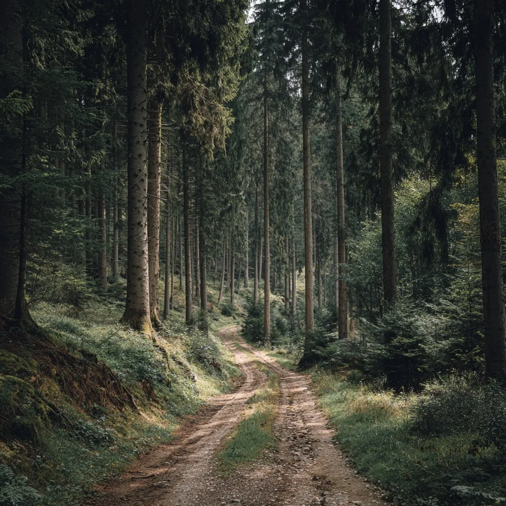 A peaceful dirt road winding through a dense forest with towering trees under soft natural light.