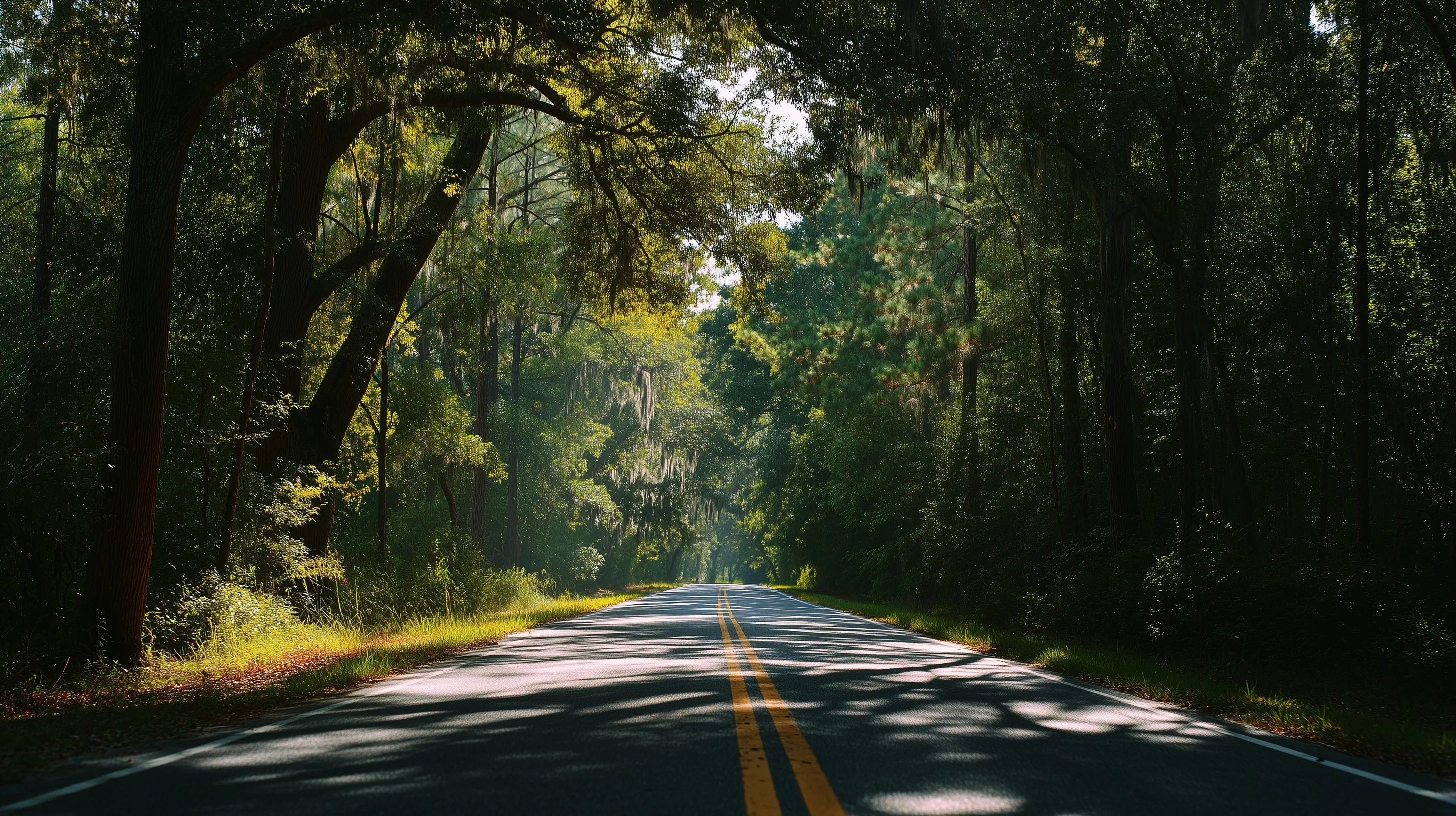 Symmetrical forest road in South Carolina on a bright sunny day with soft cinematic lighting and lens flare.