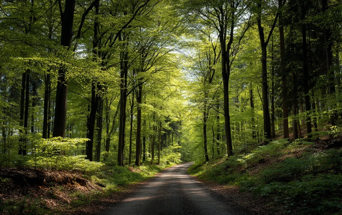 A peaceful forest road in spring with sunlight filtering through lush green trees along the path.