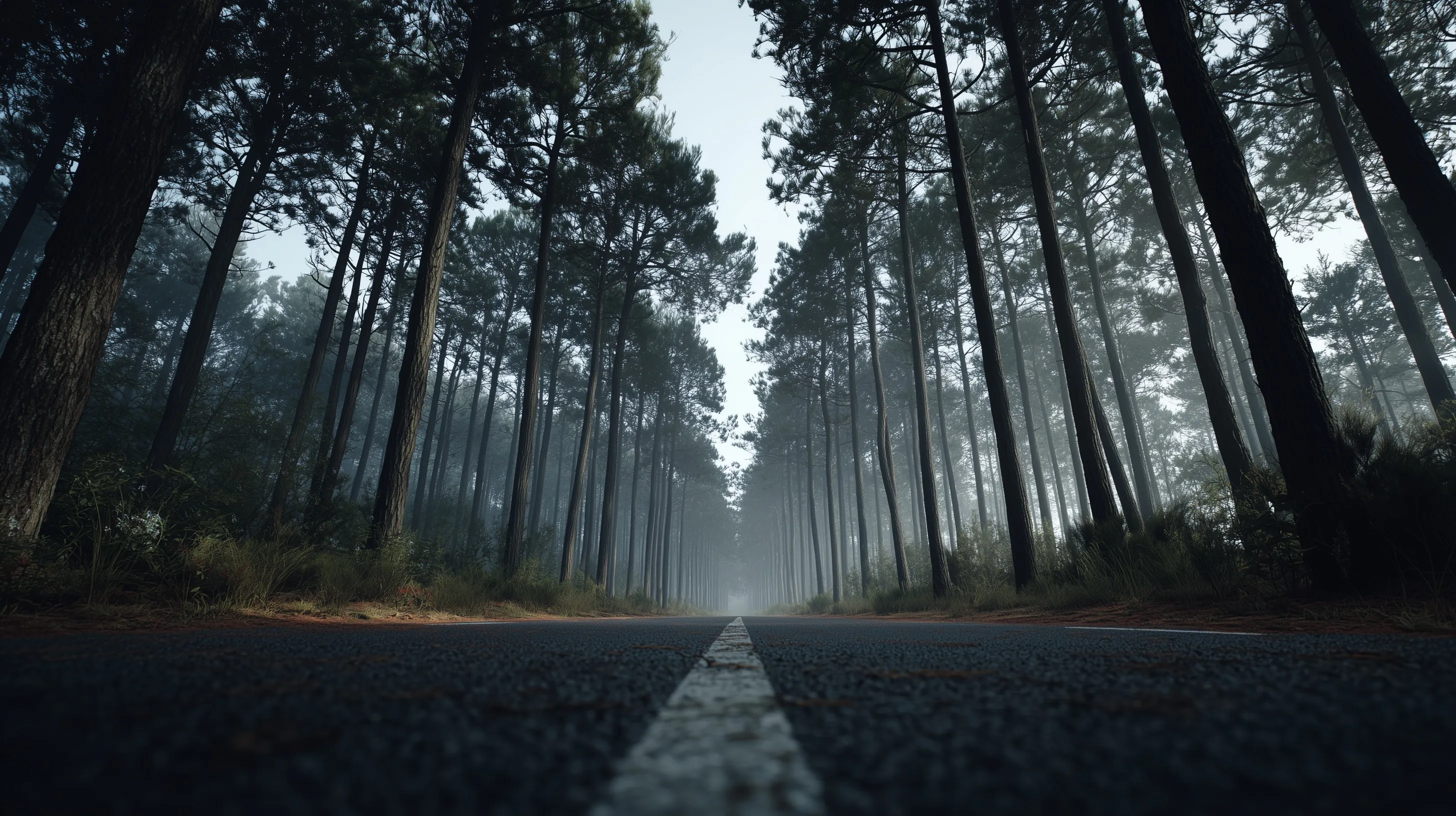 A cinematic low-angle shot of an asphalt road stretching through a misty, dense pine forest with soft morning light.