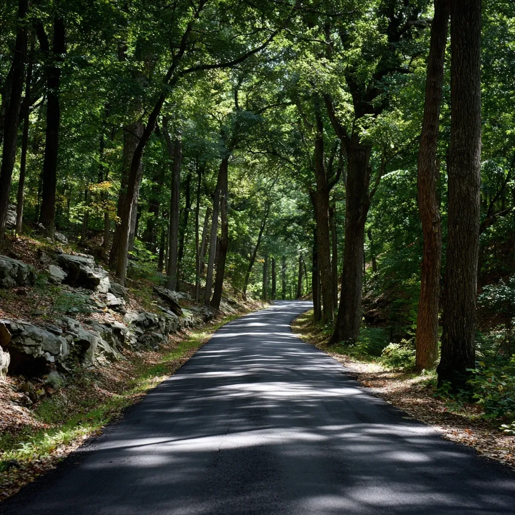 A smooth, empty paved road winding through a lush green forest with tall trees on both sides.