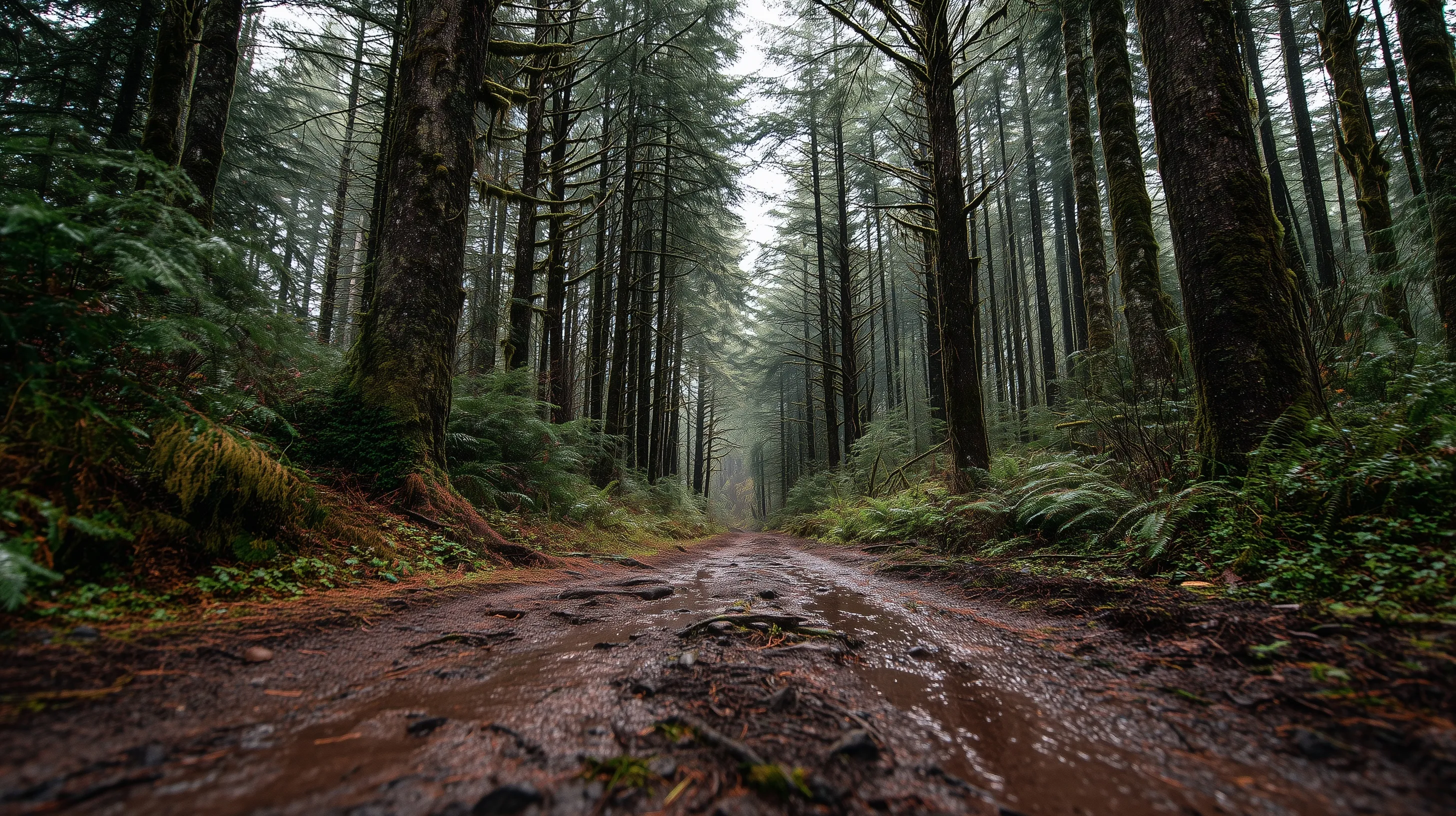 A narrow dirt road trail winding through a dense, green forest with tall trees on both sides.