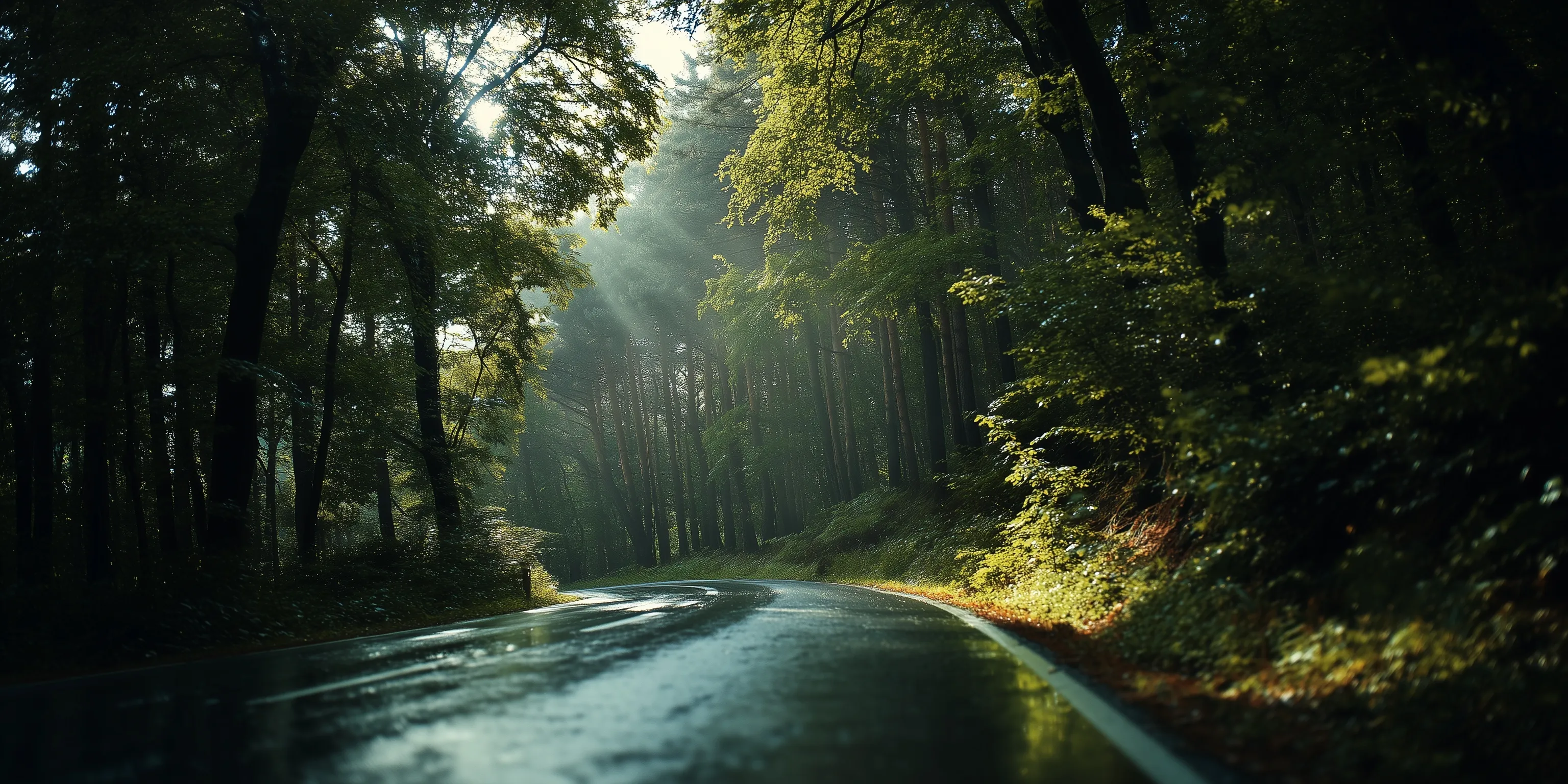 Empty winding forest road with lush green trees and sunlight filtering through the canopy on wet asphalt.
