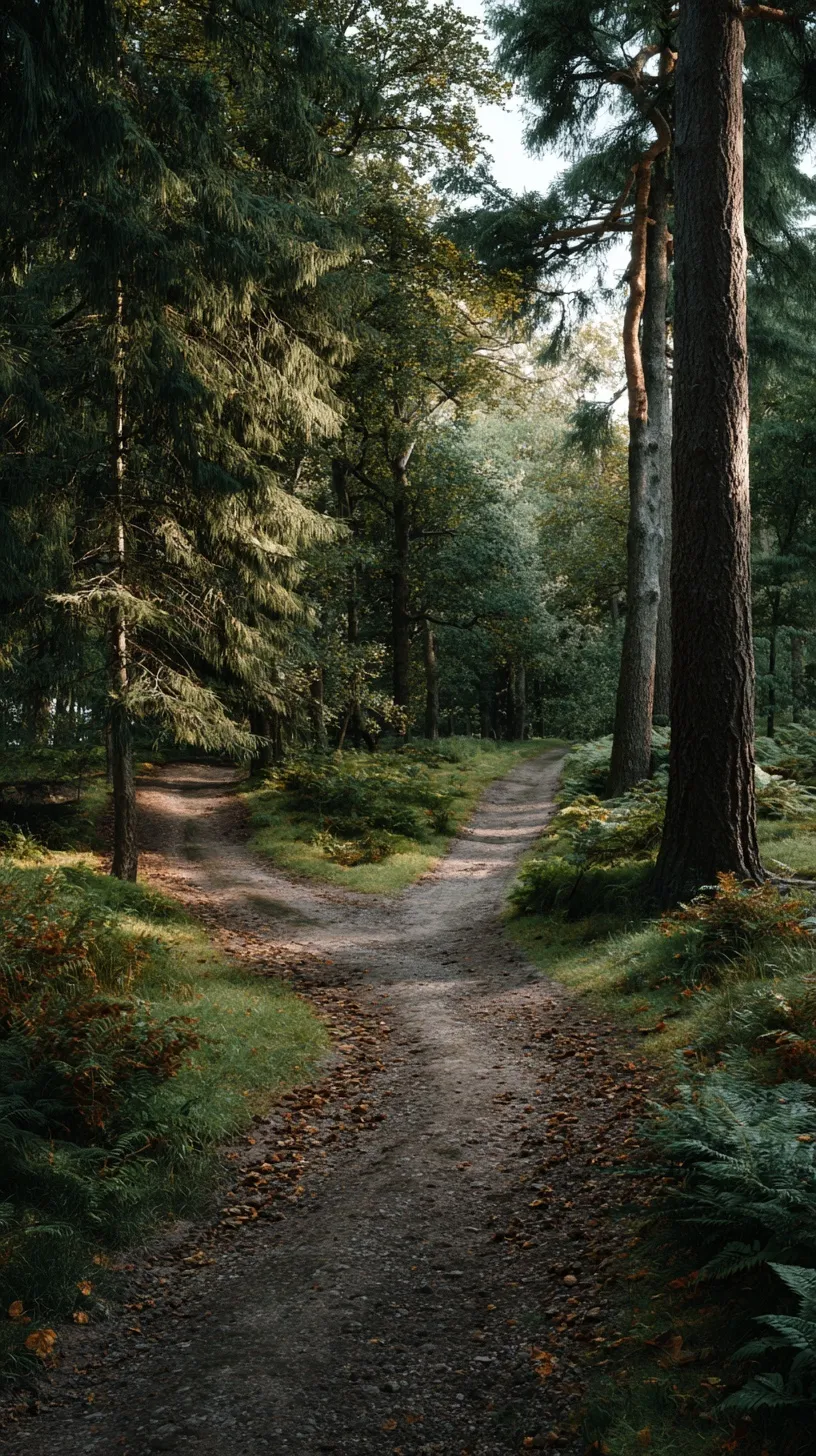A forest road splitting into two paths with soft morning light, fallen leaves, and a calm, cinematic atmosphere.
