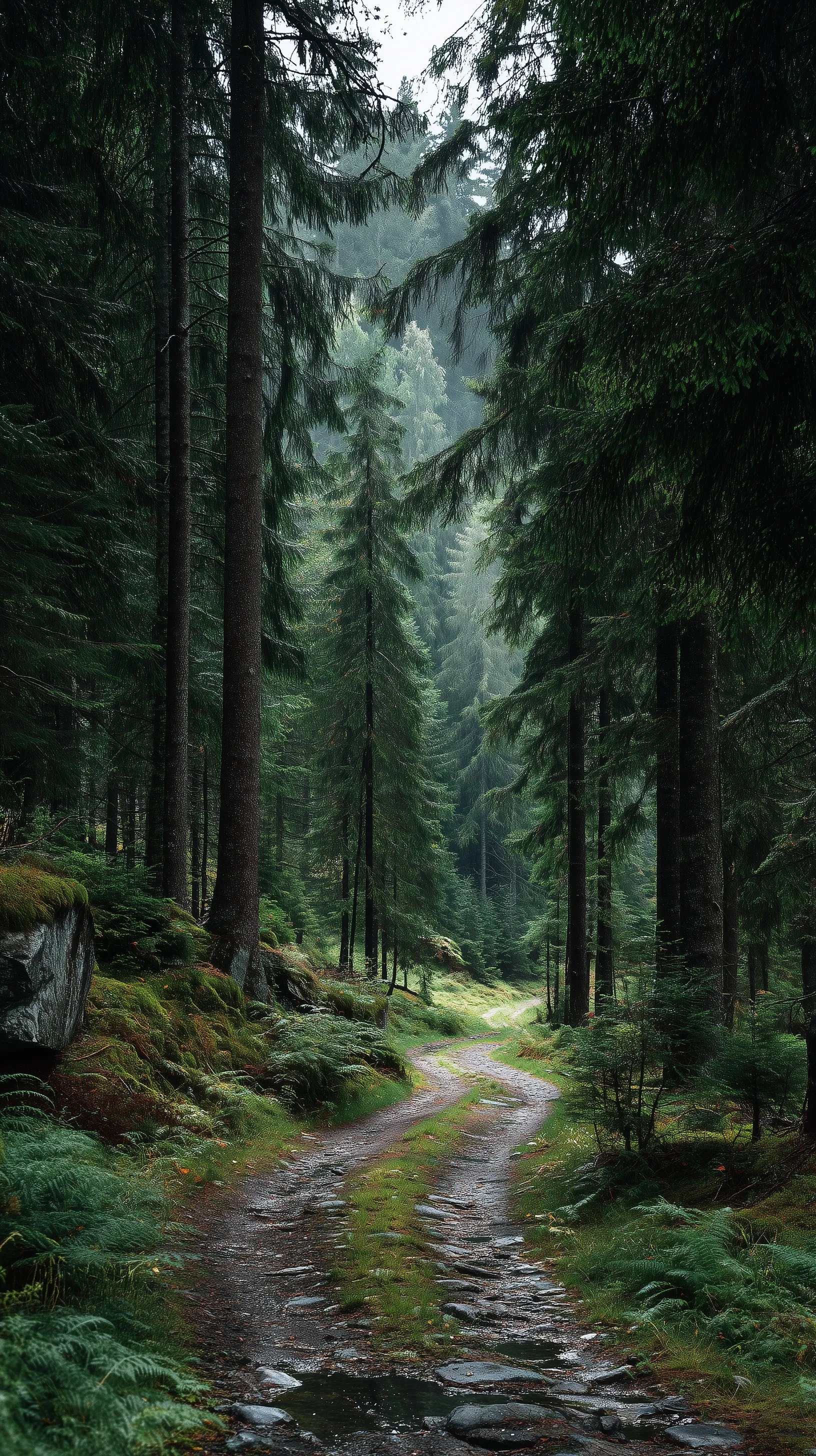 A peaceful forest road winding through lush green trees on a sunny day in the woods.
