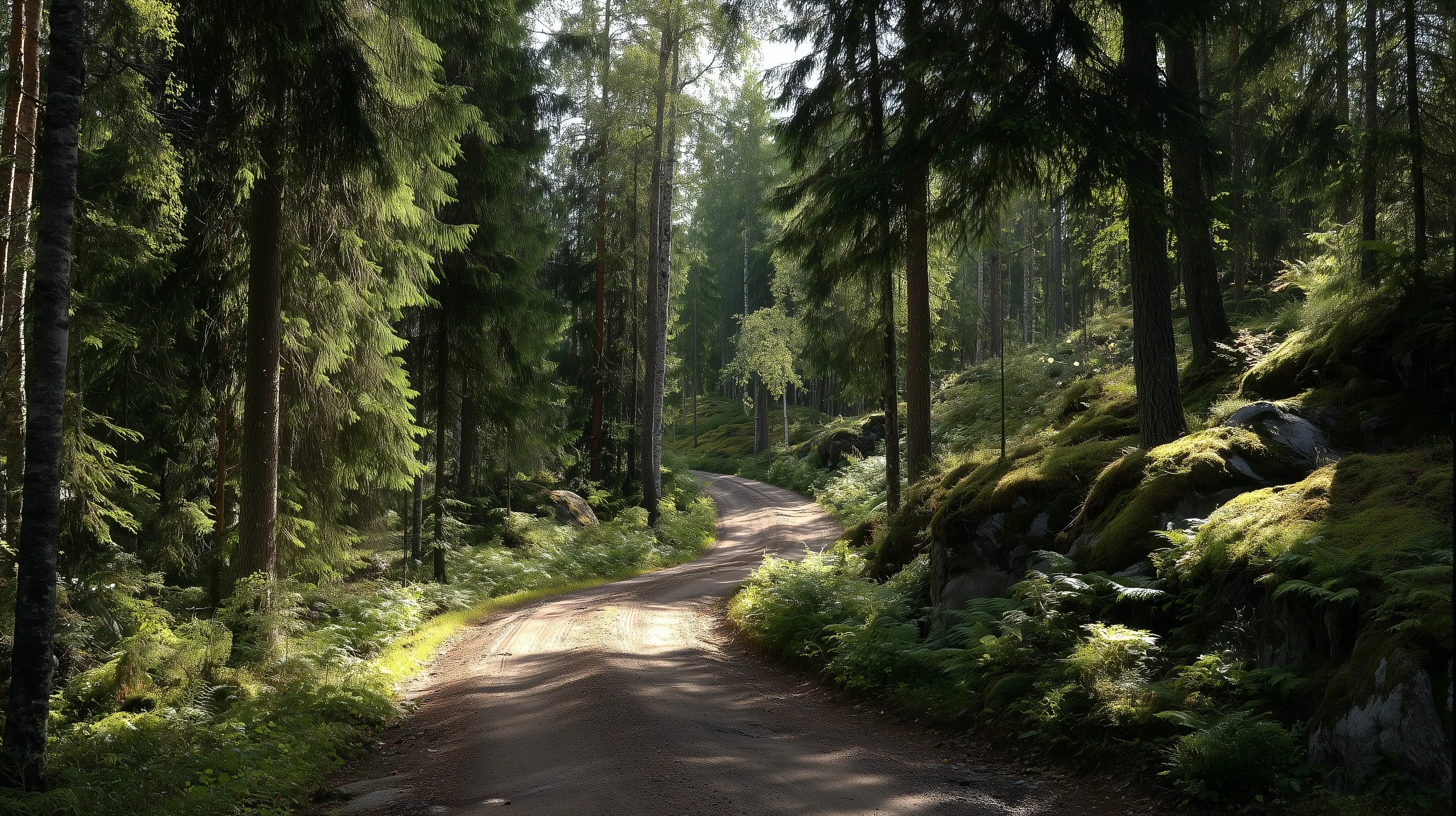 A winding gravel forest road through a dense green landscape in Porvoo, Finland, perfect for rally driving.