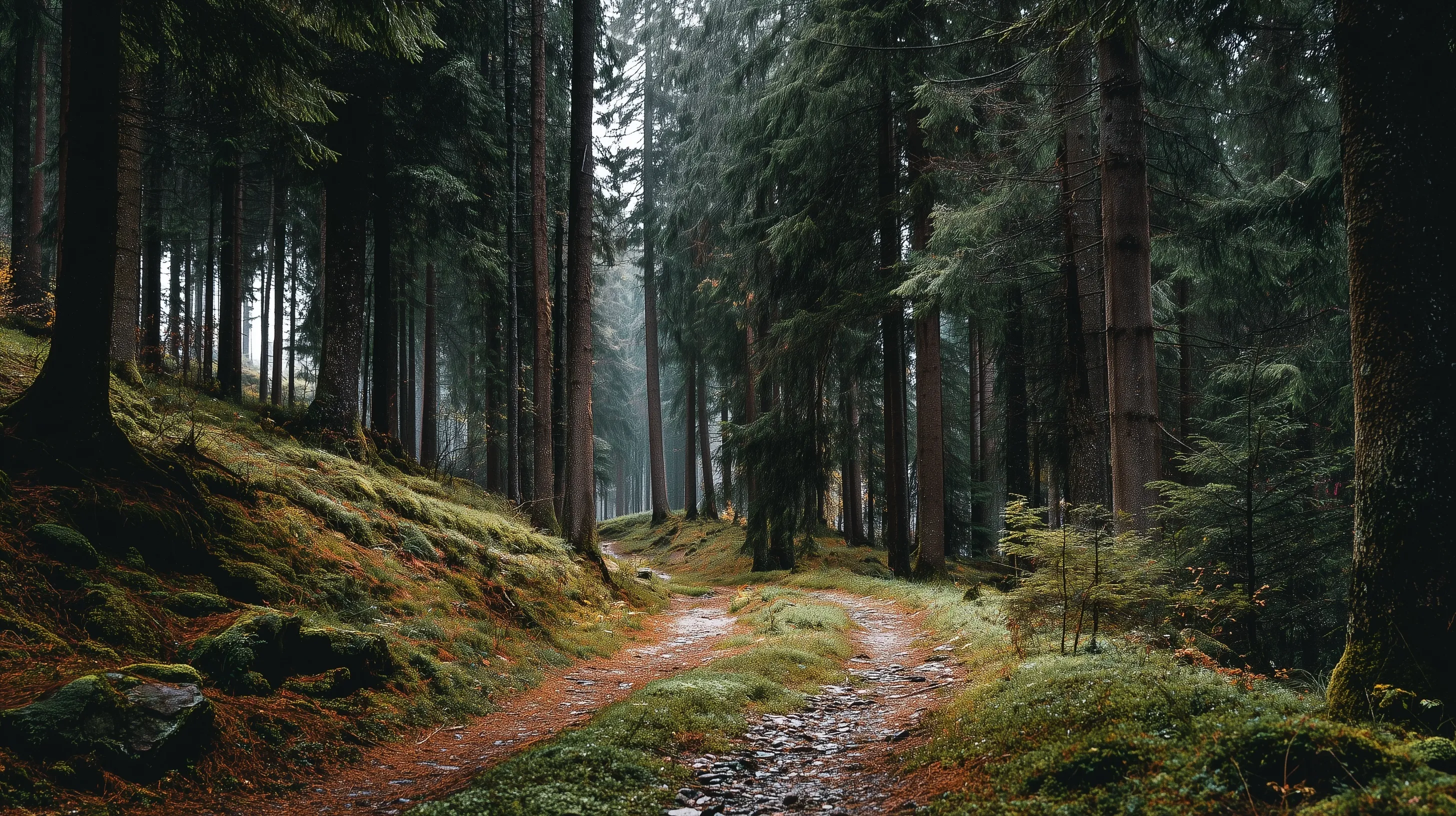 A peaceful forest road winding through lush green trees and sunlight in a scenic woodland pathway.