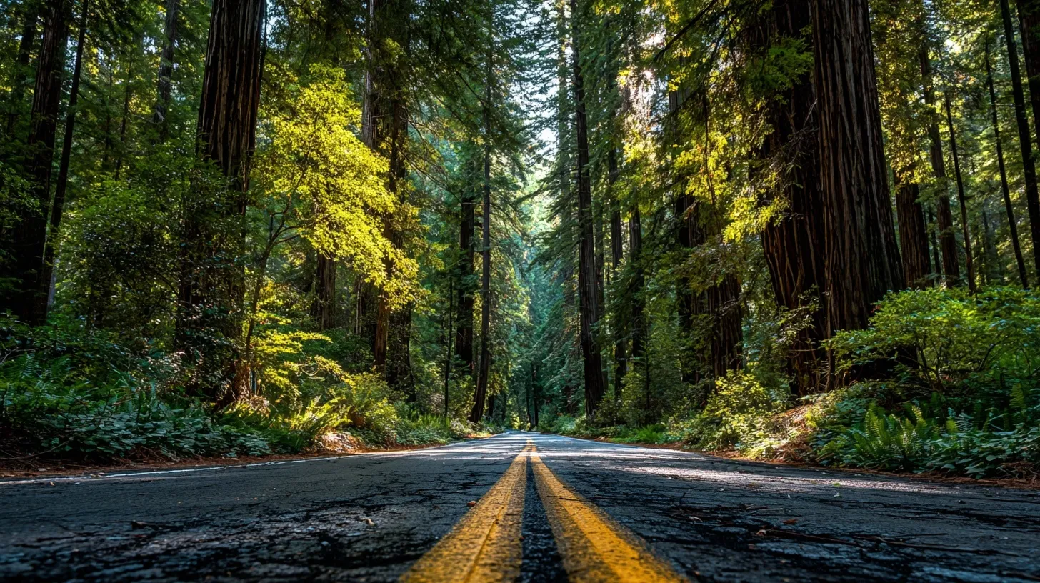 A scenic paved road winding through a majestic redwood forest with towering trees on both sides.