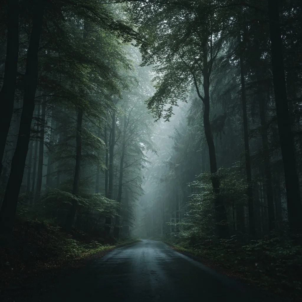 A winding asphalt forest road disappearing into a dark, misty woodland with towering trees and volumetric lighting.