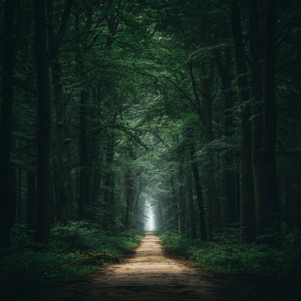 A straight dirt path through a moody forest with dense green trees and a bright white light at the end.