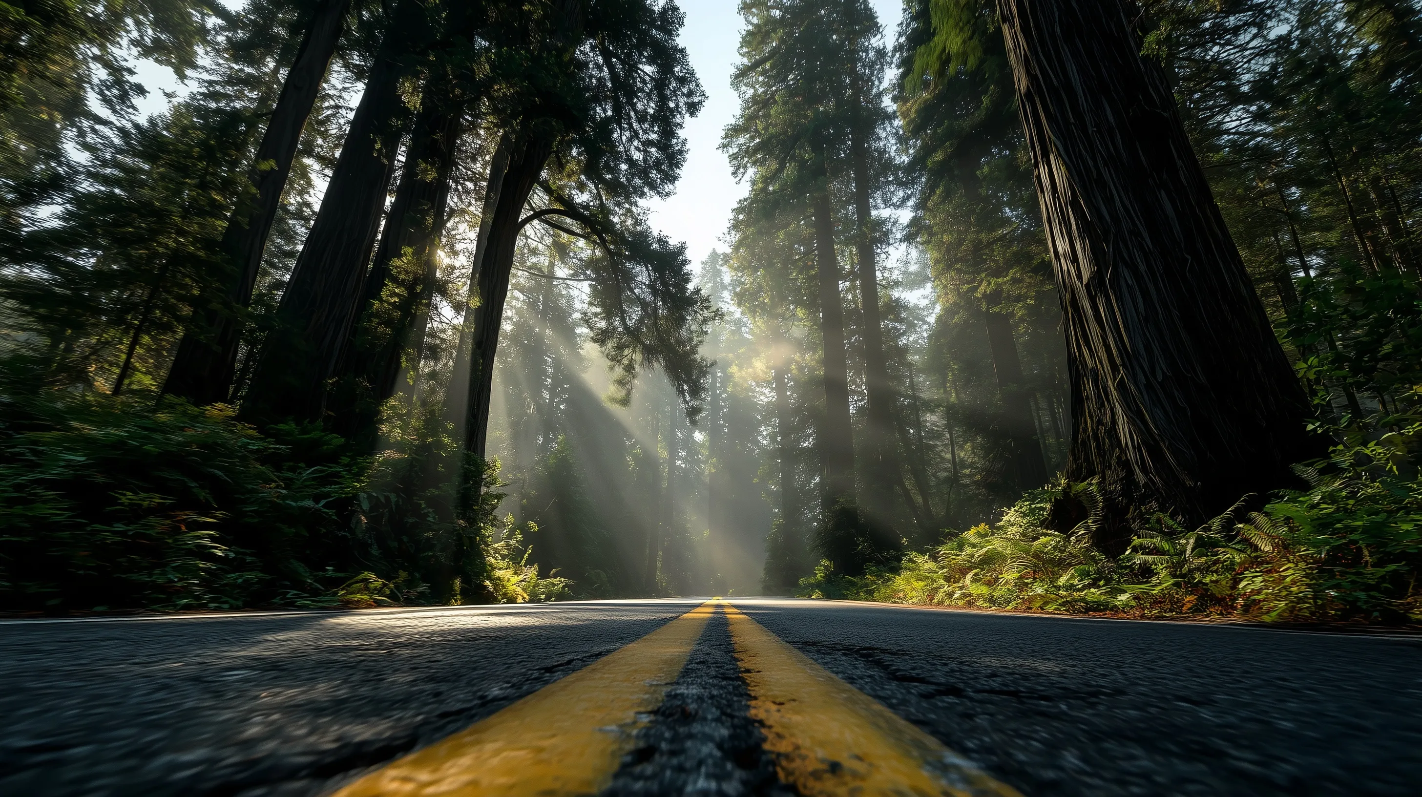 Empty forest highway with towering redwoods, sunbeams, and motion blur on an asphalt road at sunrise.