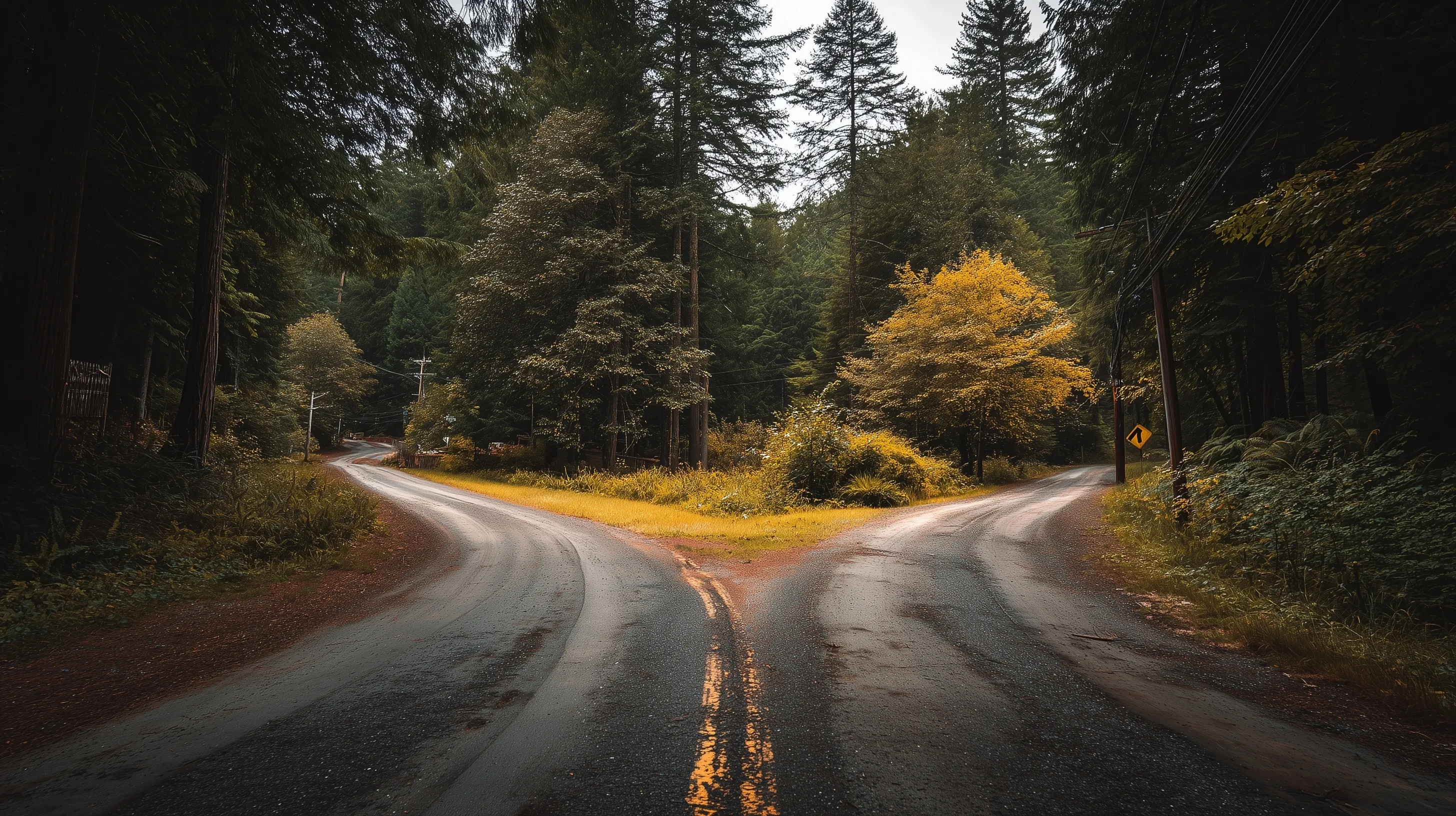 A scenic forest road splitting into a forked two-way path surrounded by tall trees and lush green nature.