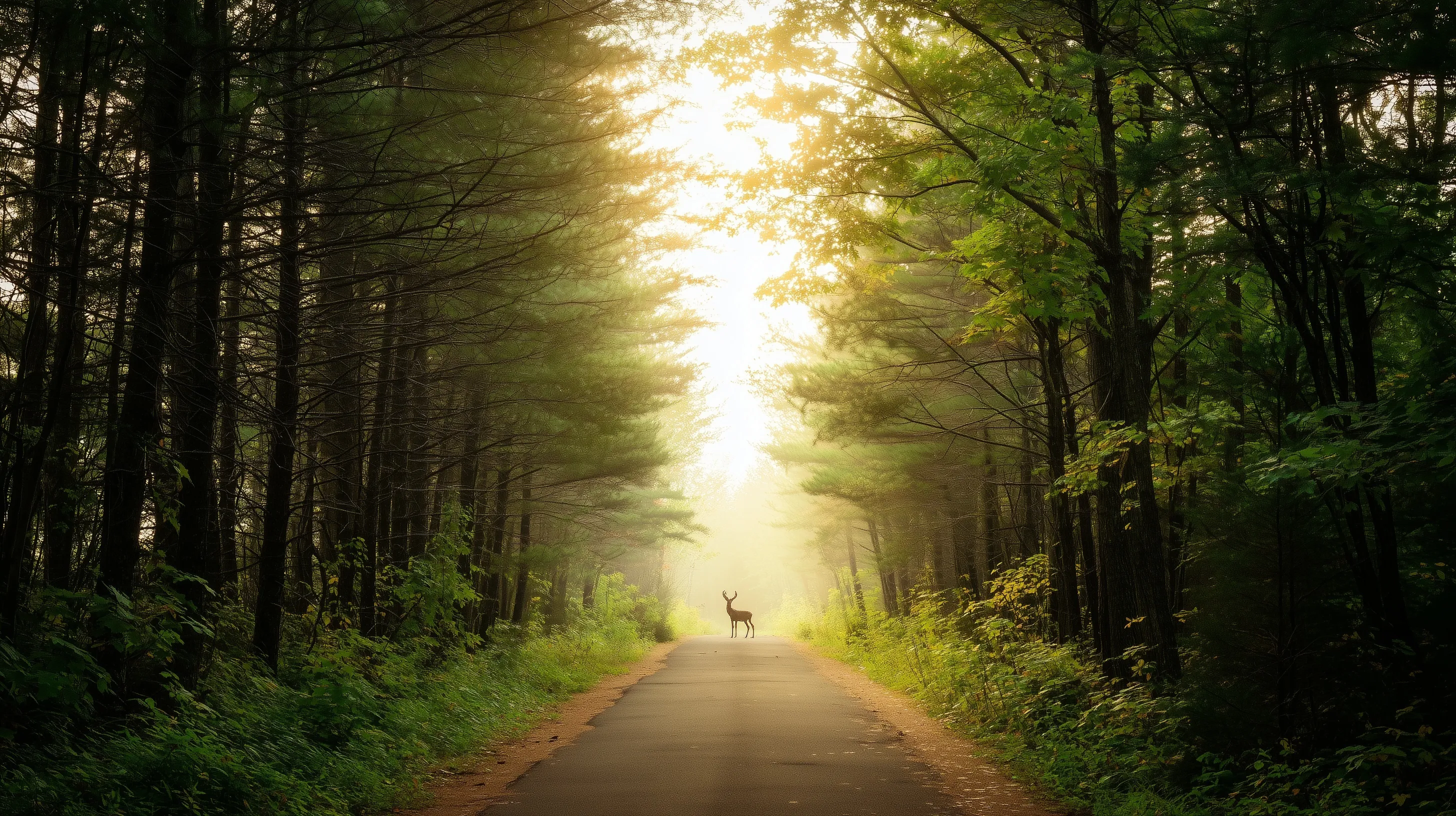 A deer stands on a symmetrical forest rail trail at sunrise with golden sun rays piercing through a canopy of trees.