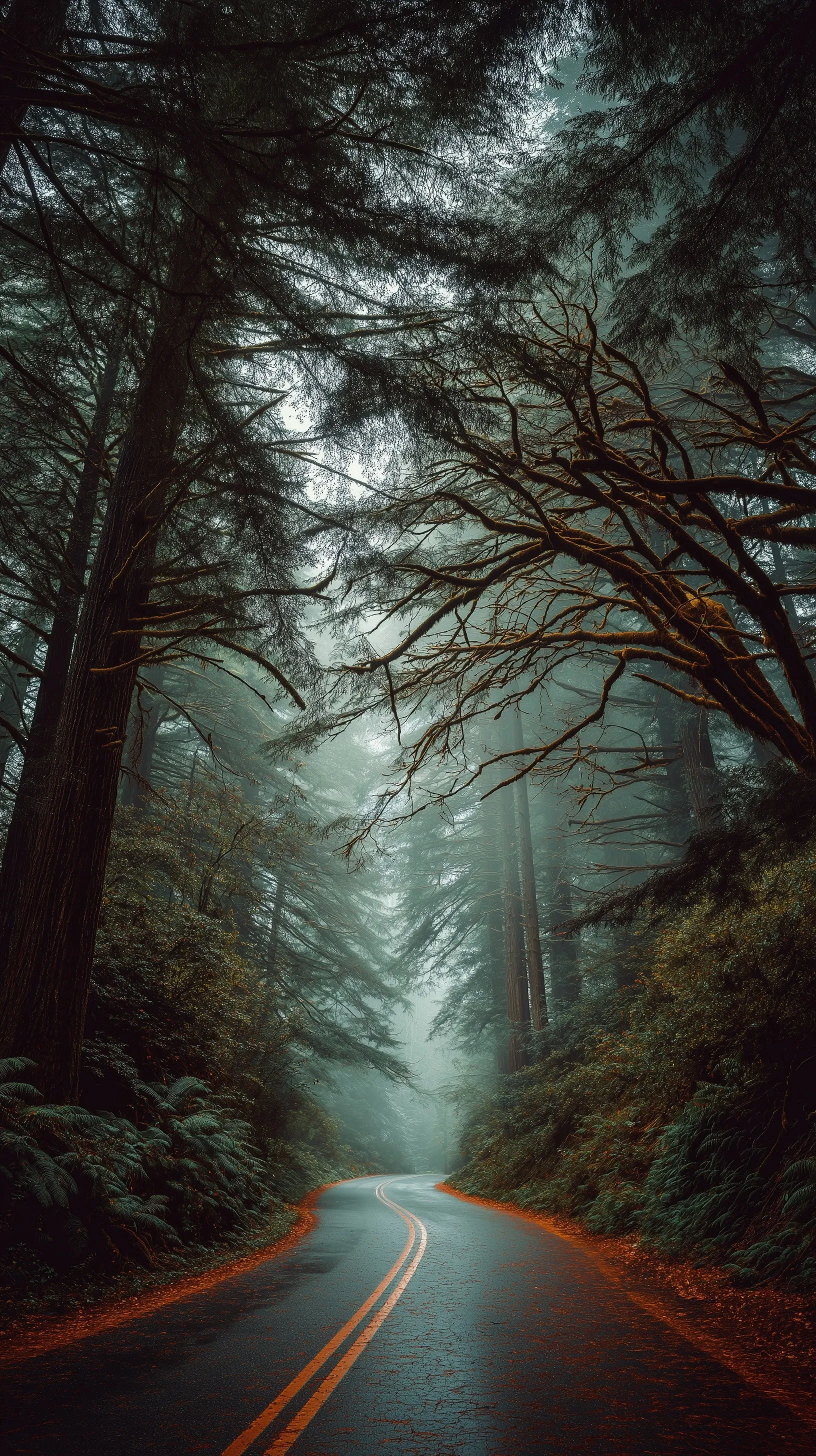 A narrow, winding road through a foggy Vancouver Island rainforest with towering old-growth cedar and fir trees.