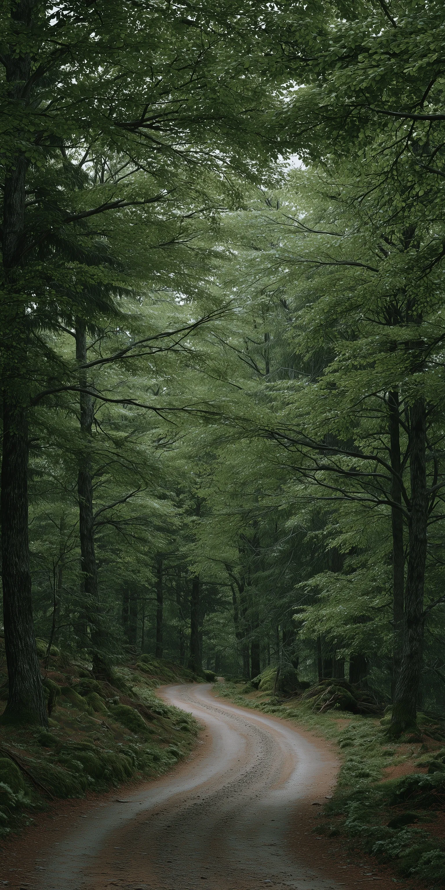 A scenic forest road winding through a lush Swedish deciduous woodland in a photorealistic 35mm style.