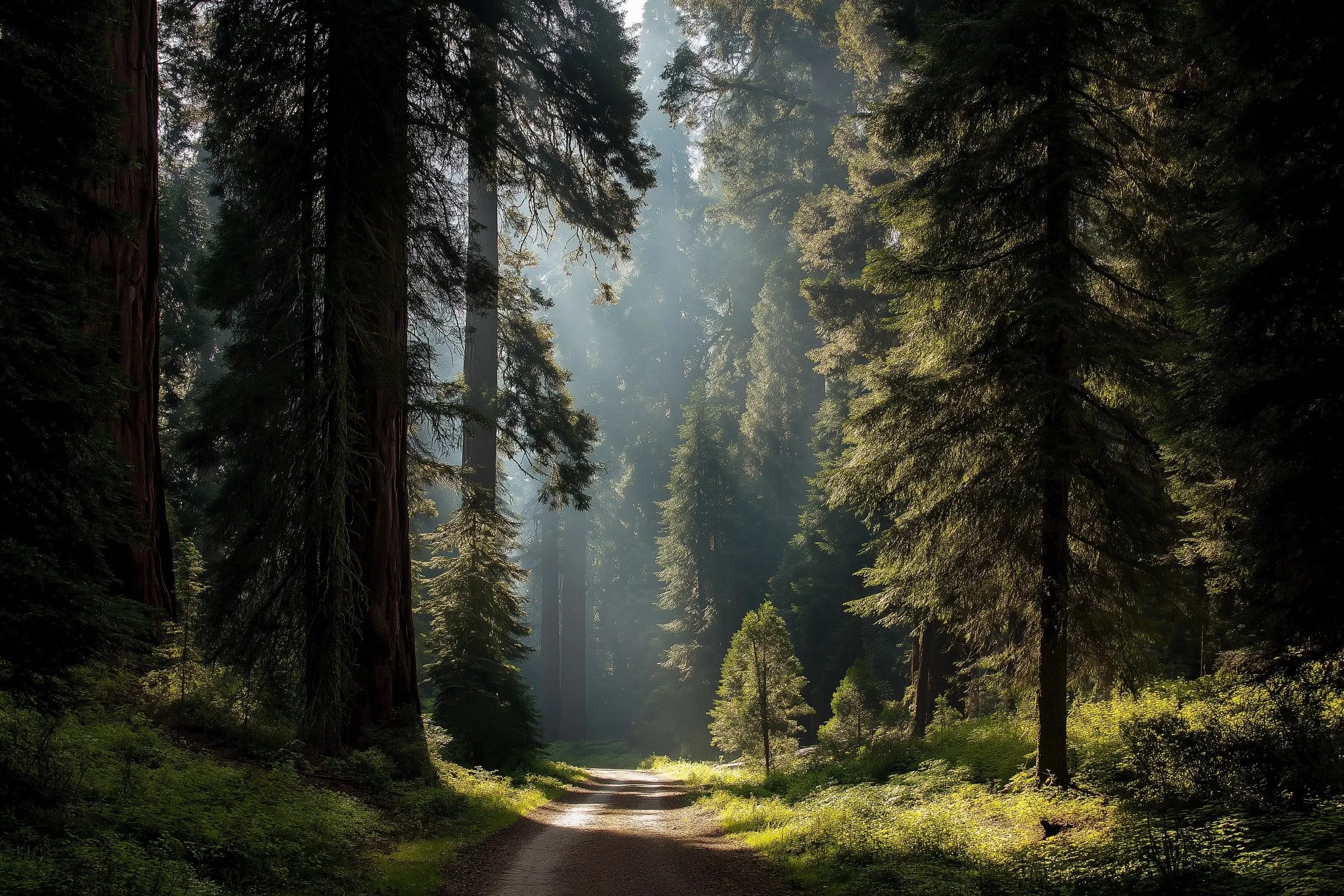A narrow path through a foggy, sun-drenched sequoia forest with dramatic rays of light piercing through tall trees.