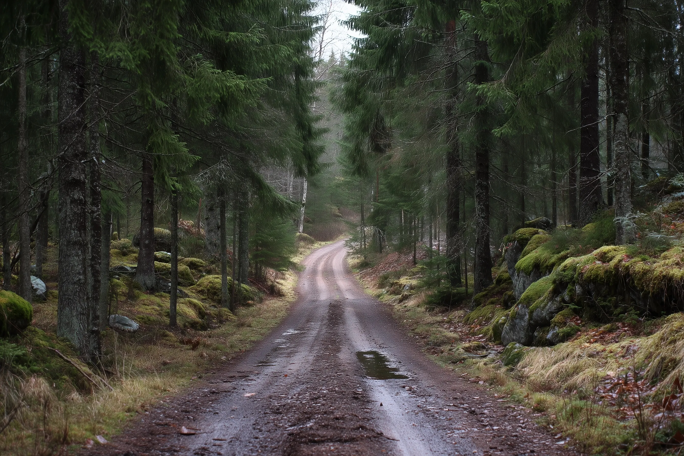 A peaceful Swedish dirt road winding through a lush green forest with tall trees on both sides.
