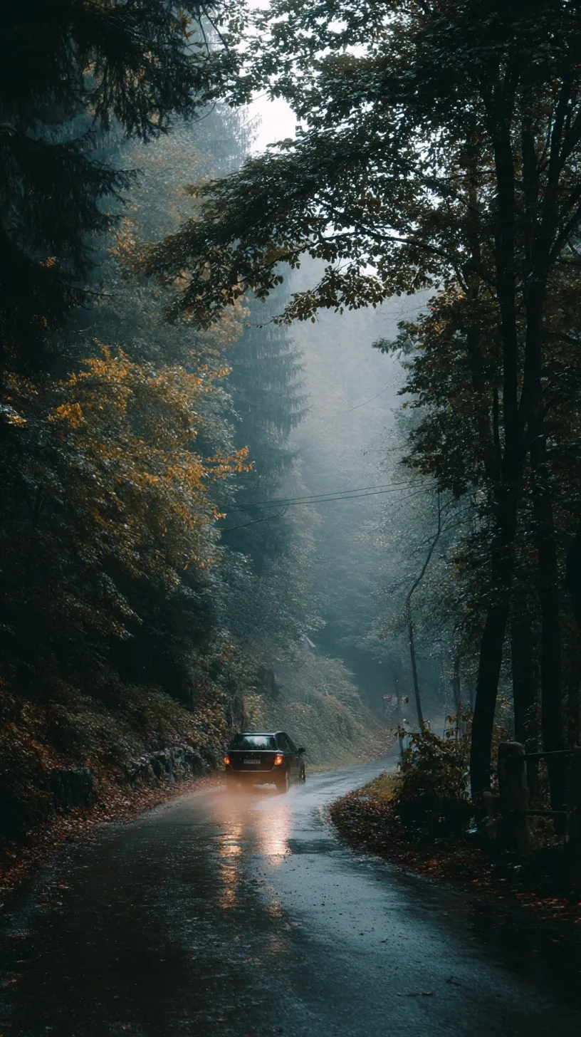 A scenic misty forest road with lush trees and soft light, captured from a car perspective.