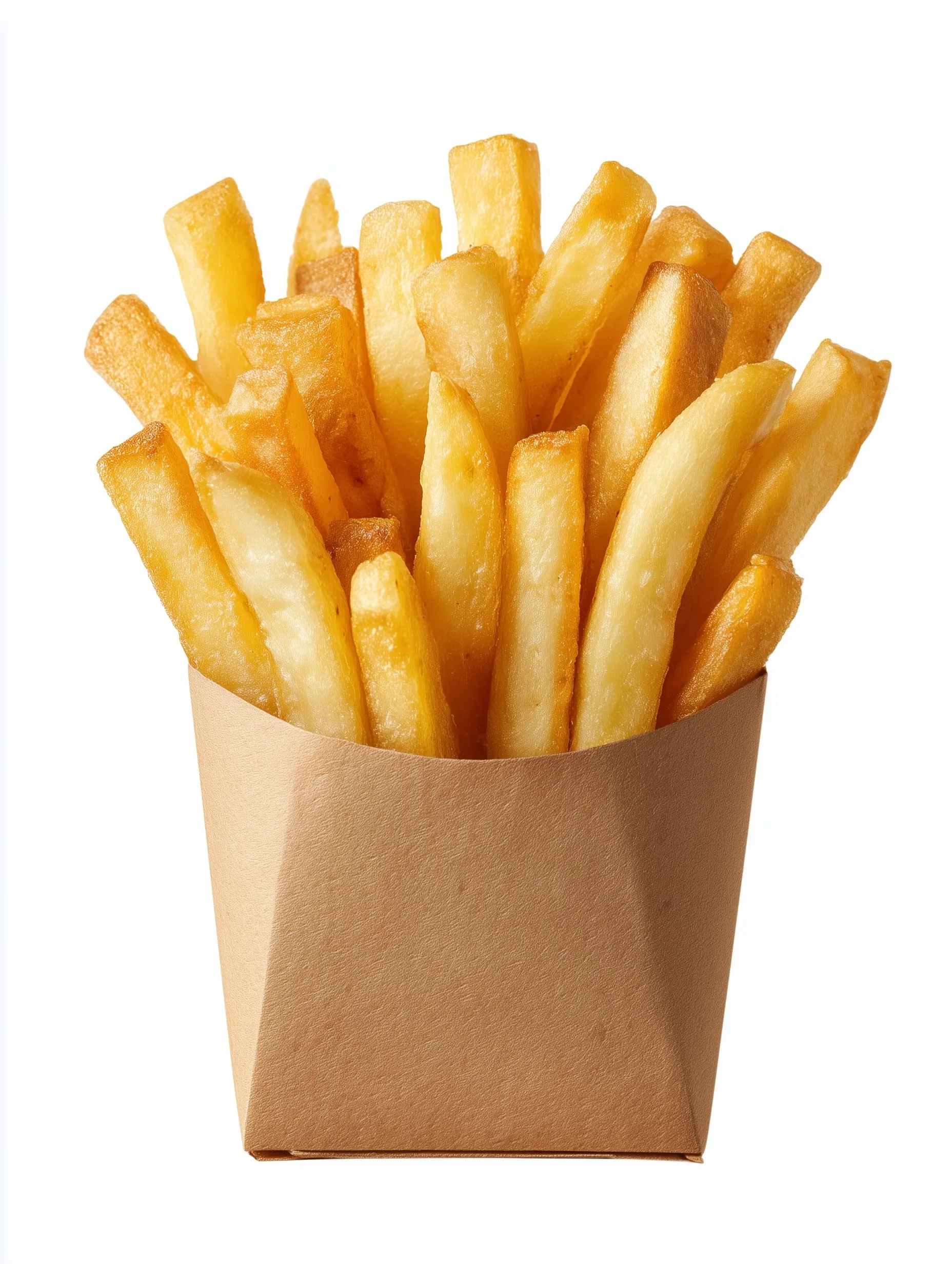 Hyper-realistic shot of golden crispy French fries in a cardboard container isolated on a clean white background.