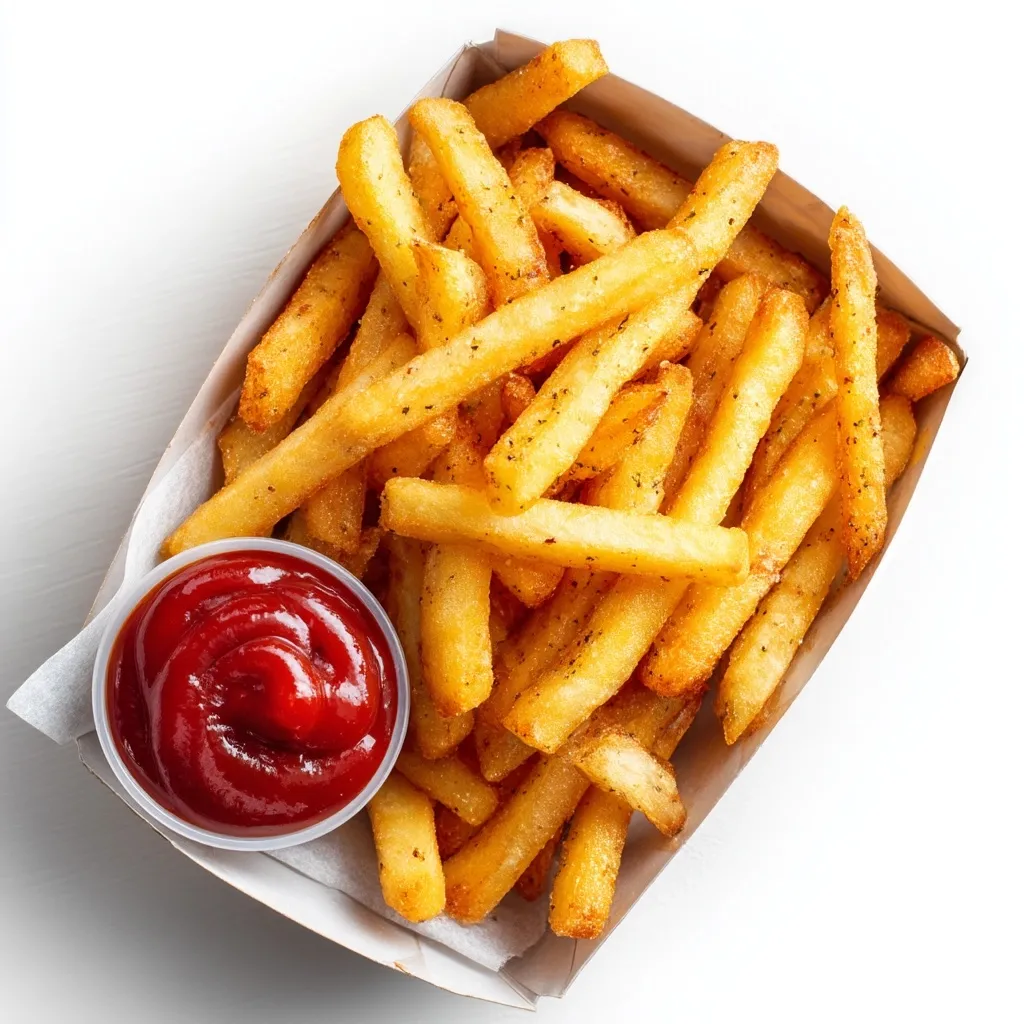 Top-down view of golden French fries in a red carton with a side of ketchup on a clean white background.