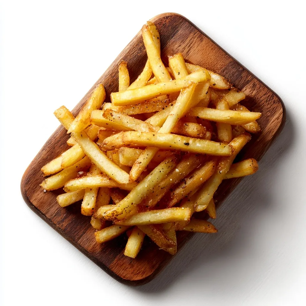 Aerial view of gourmet French fries served on a rustic wooden board against a clean white background.