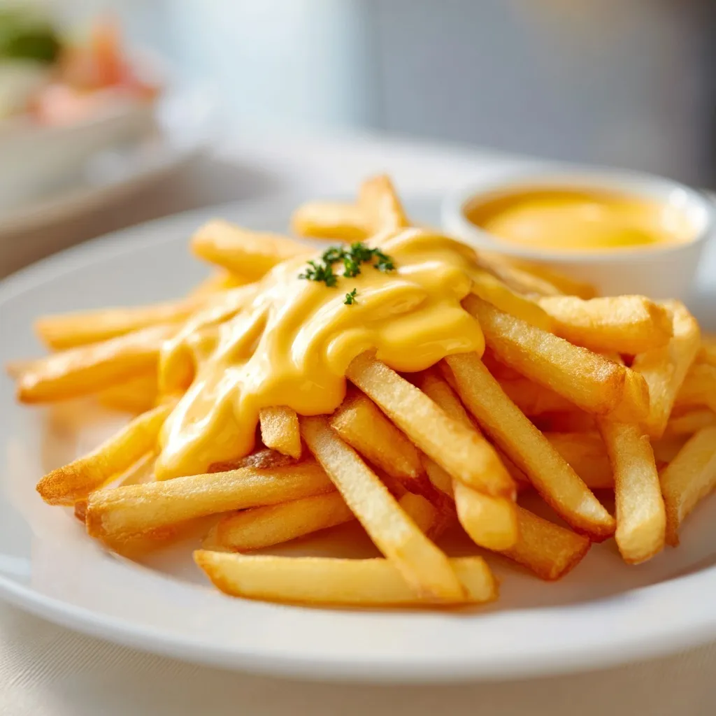 Crispy French fries topped with melted cheddar cheese sauce served on a white plate on a wooden table.