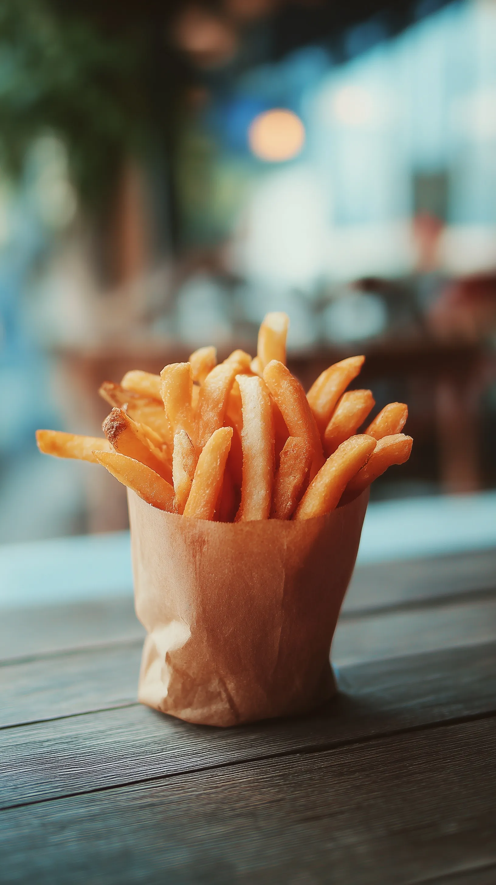 A close-up of crispy, golden-brown French fries served in a classic paper cone on a wooden table.
