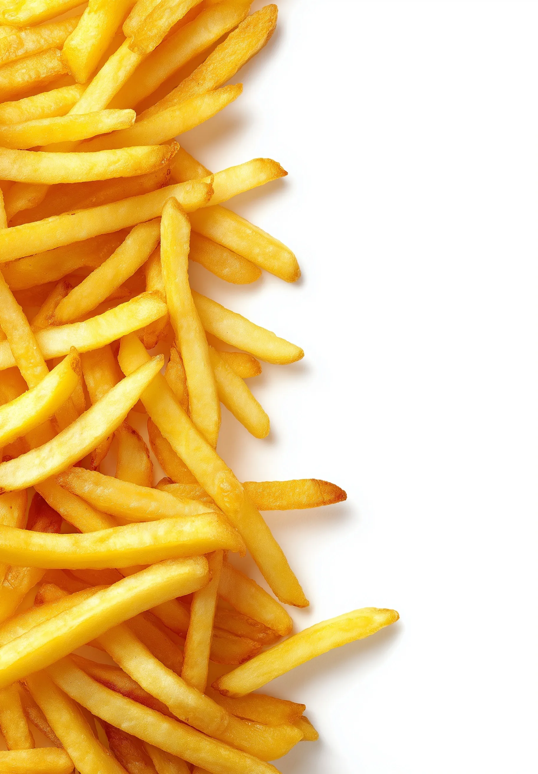 A vertical stack of golden French fries arranged on the right edge against a clean white background with copy space.
