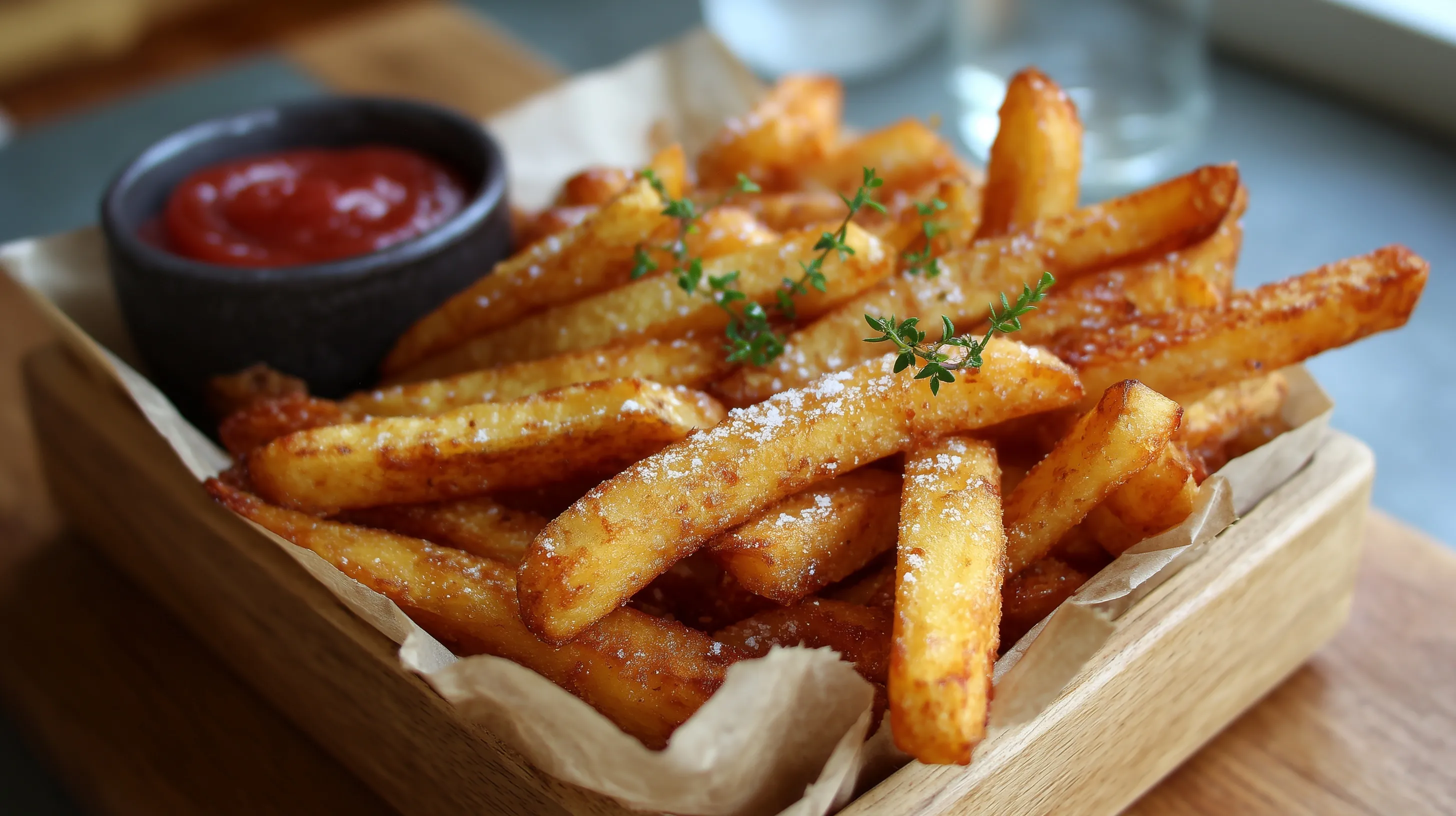 Golden, crispy French fries served as a delicious comfort food snack in a restaurant setting.