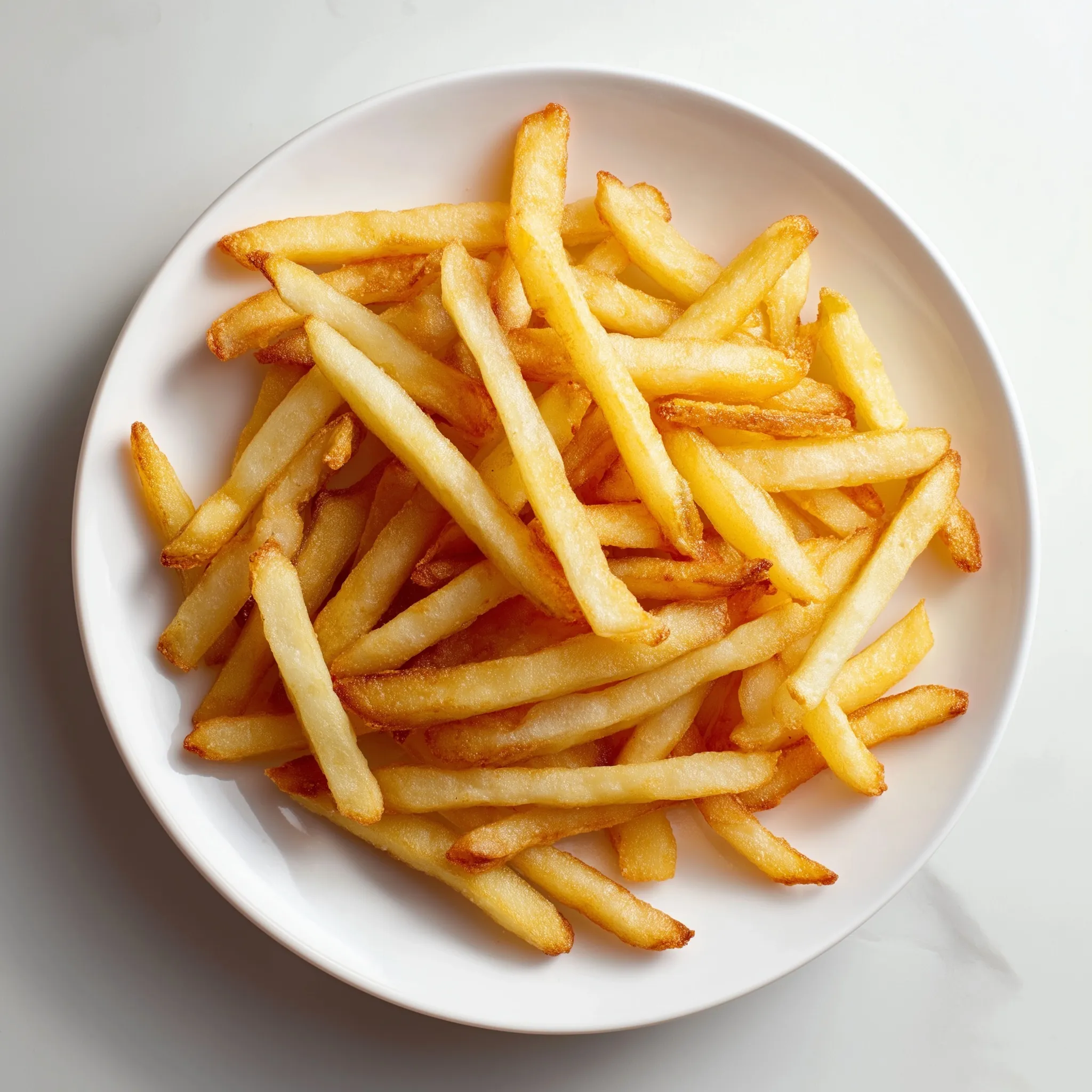 A golden, crispy portion of hot French fries served in a paper cone on a wooden table.