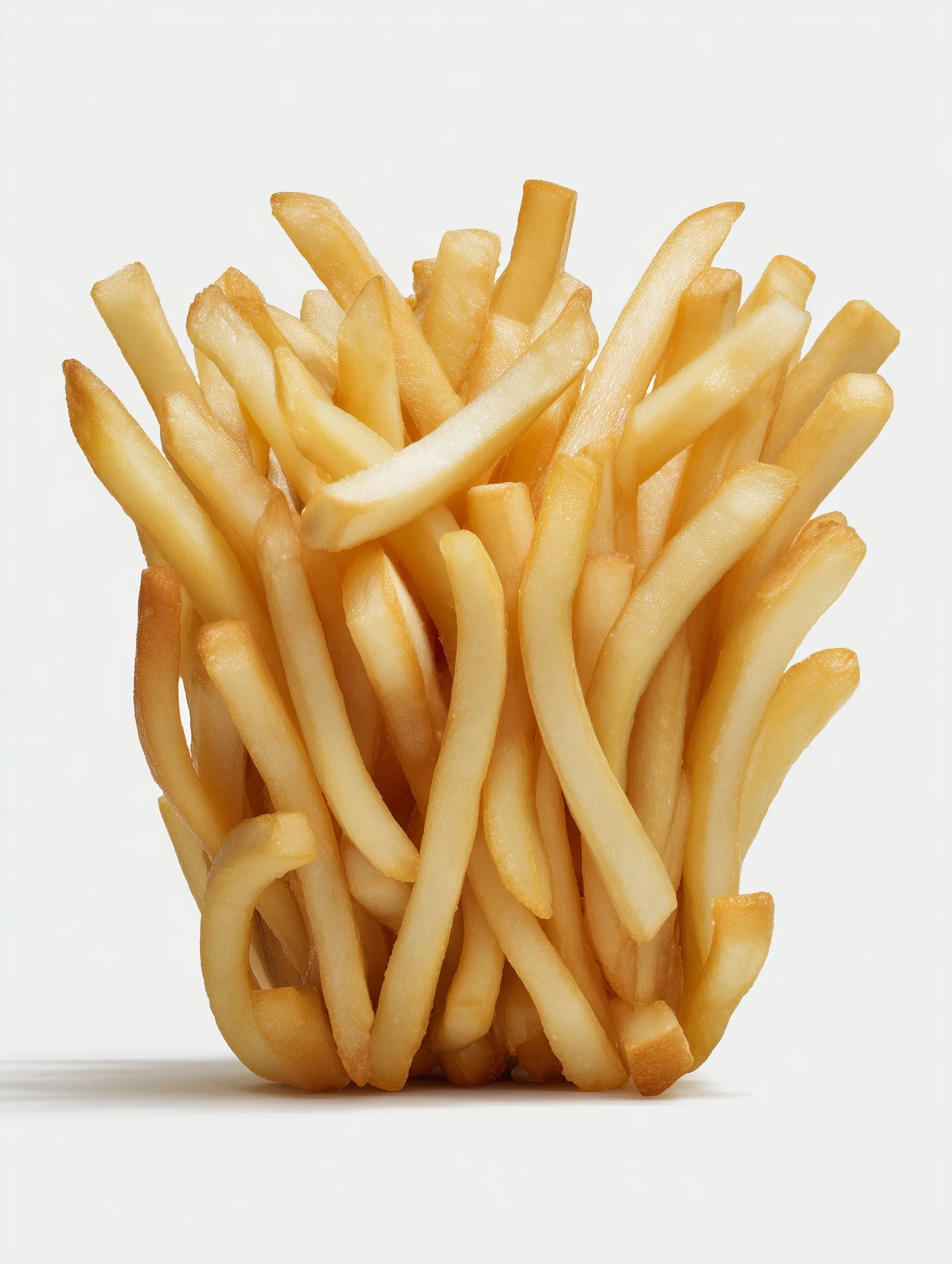 Crispy golden French fries served on a clean white background, high-quality professional food photography.