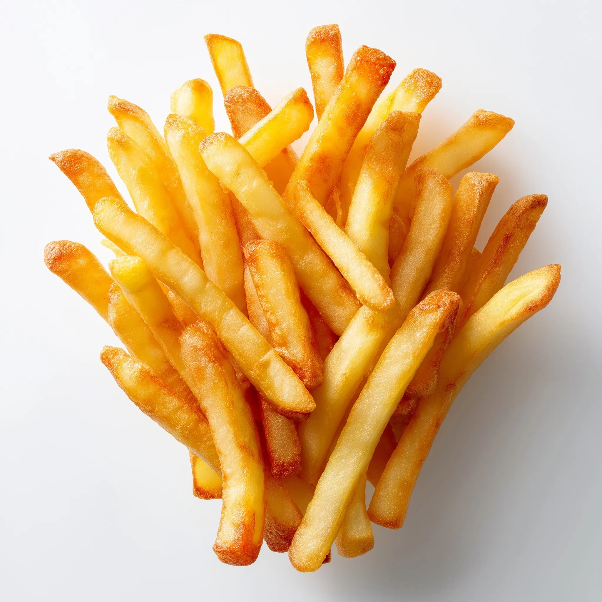 A professional food photography shot of crispy golden French fries isolated on a clean white background.