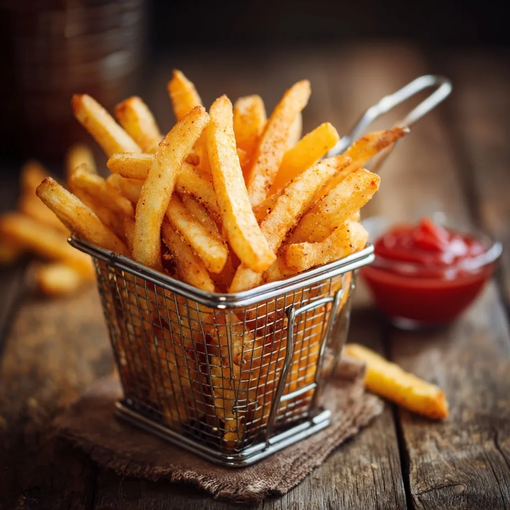 A close-up, high-quality real-life image of golden, crispy potato French fries served in a restaurant setting.