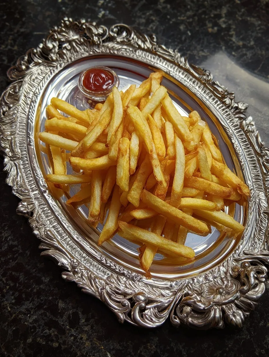 Gourmet golden French fries served on an elegant silver plate, captured in high quality for culinary photography.